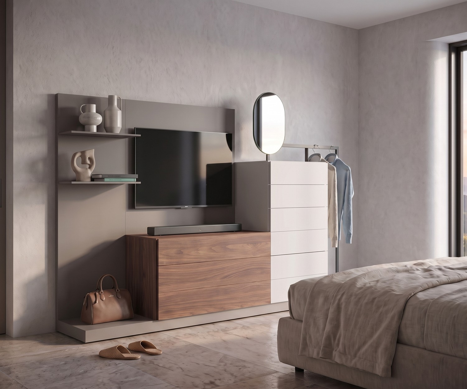 Novamobili Easy 9 chest of drawers with wardrobe & TV panel Bedroom chest of drawers Easy 9 by Novamobili with TV panel & wardrobe, modern design in walnut wood & matte lacquer finish.