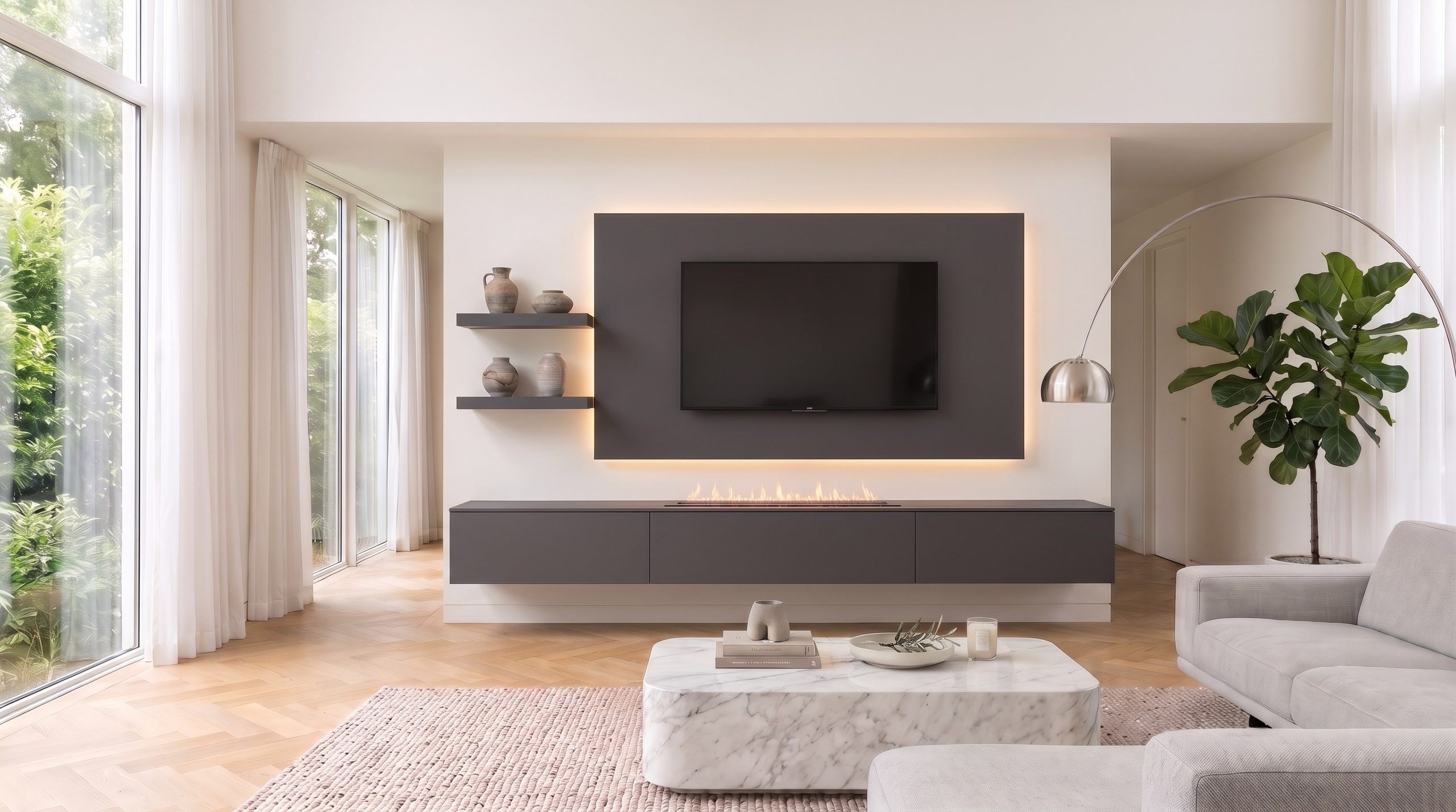 Parete attrezzata Livitalia C108 in grigio scuro con inserto camino nella madia bassa sospesa, pannello TV illuminato e due mensole a muro corte