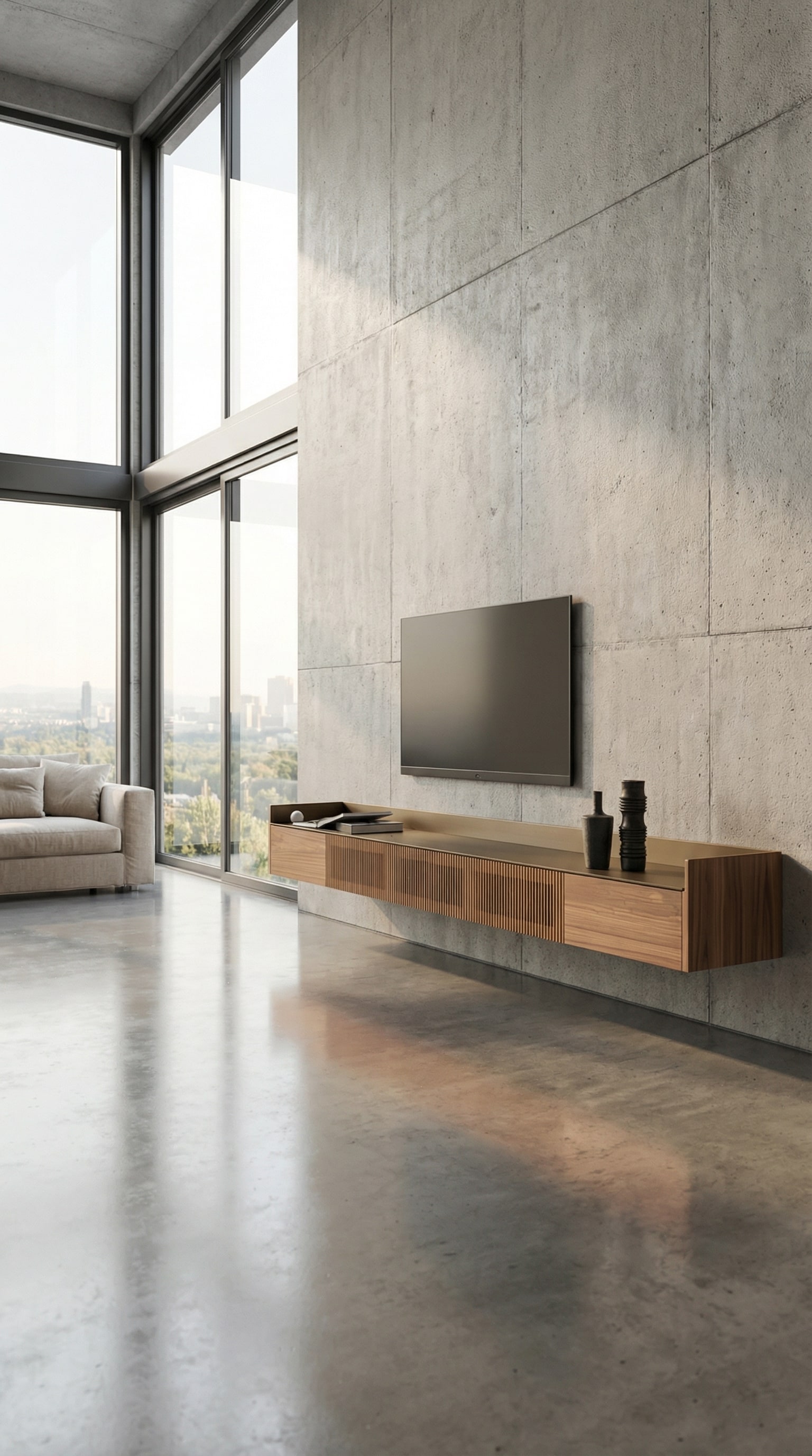 Wall-mounted Punt Stockholm Slim Wood Sideboard in a modern loft with cool flooring