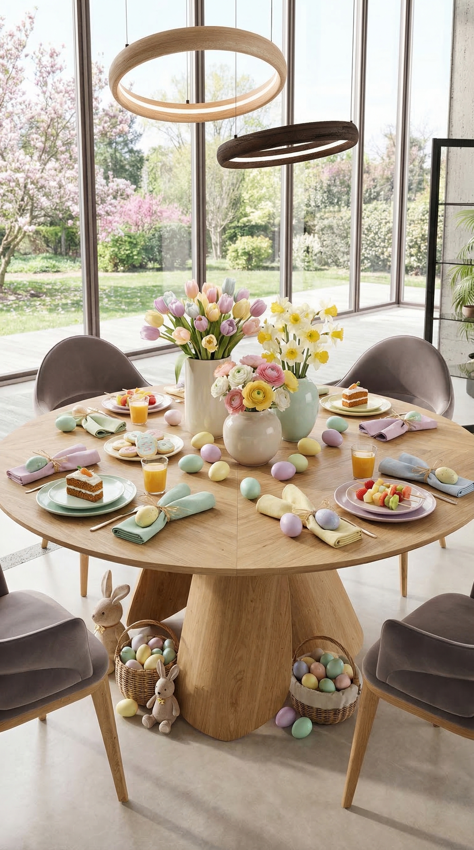 Ein runder Esstisch mit kindgerechter Osterdekoration in Pastellfarben und Serviettenhasen. Ein runder Esstisch mit kindgerechter Osterdekoration in Pastellfarben und Serviettenhasen.