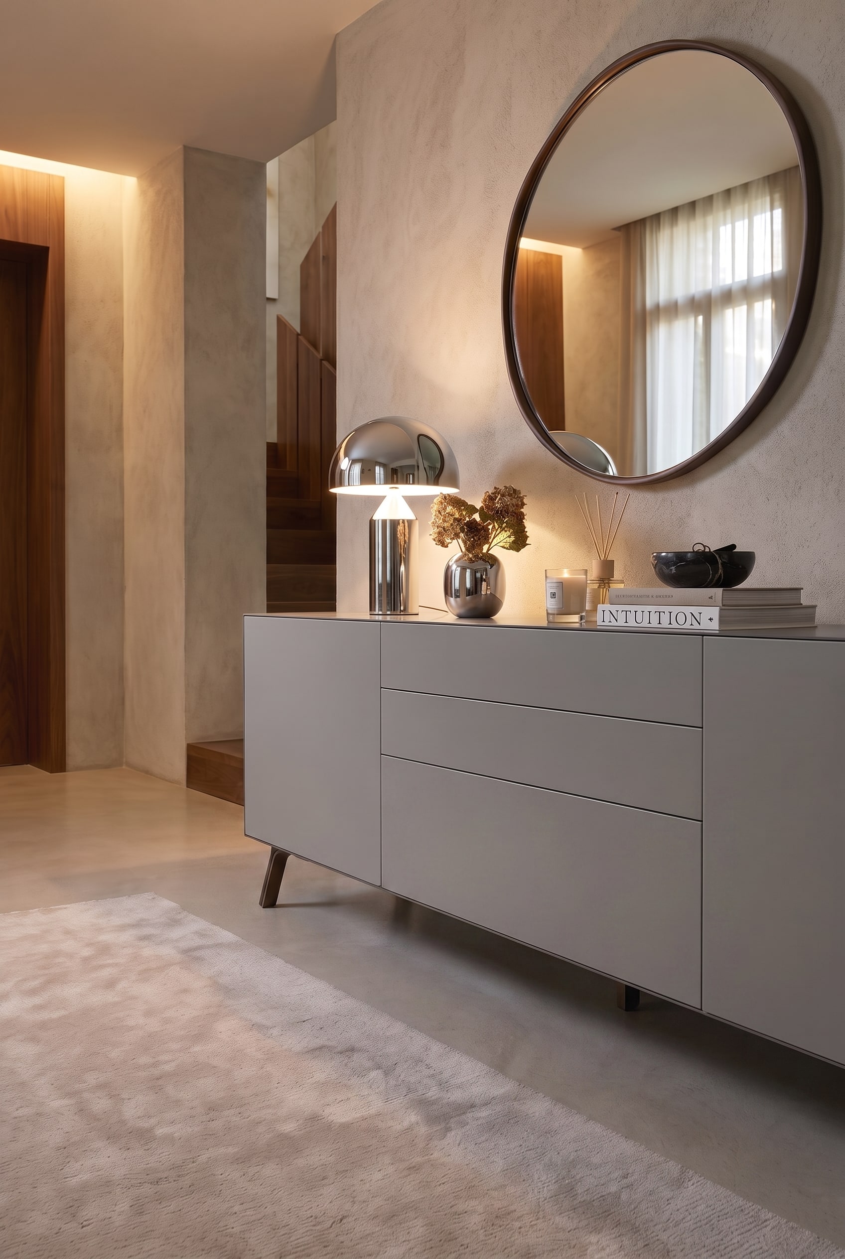 Gesloten grijs dressoir in een hal, op de achtergrond is een houten trap zichtbaar. Op de vloer ligt een licht tapijt.