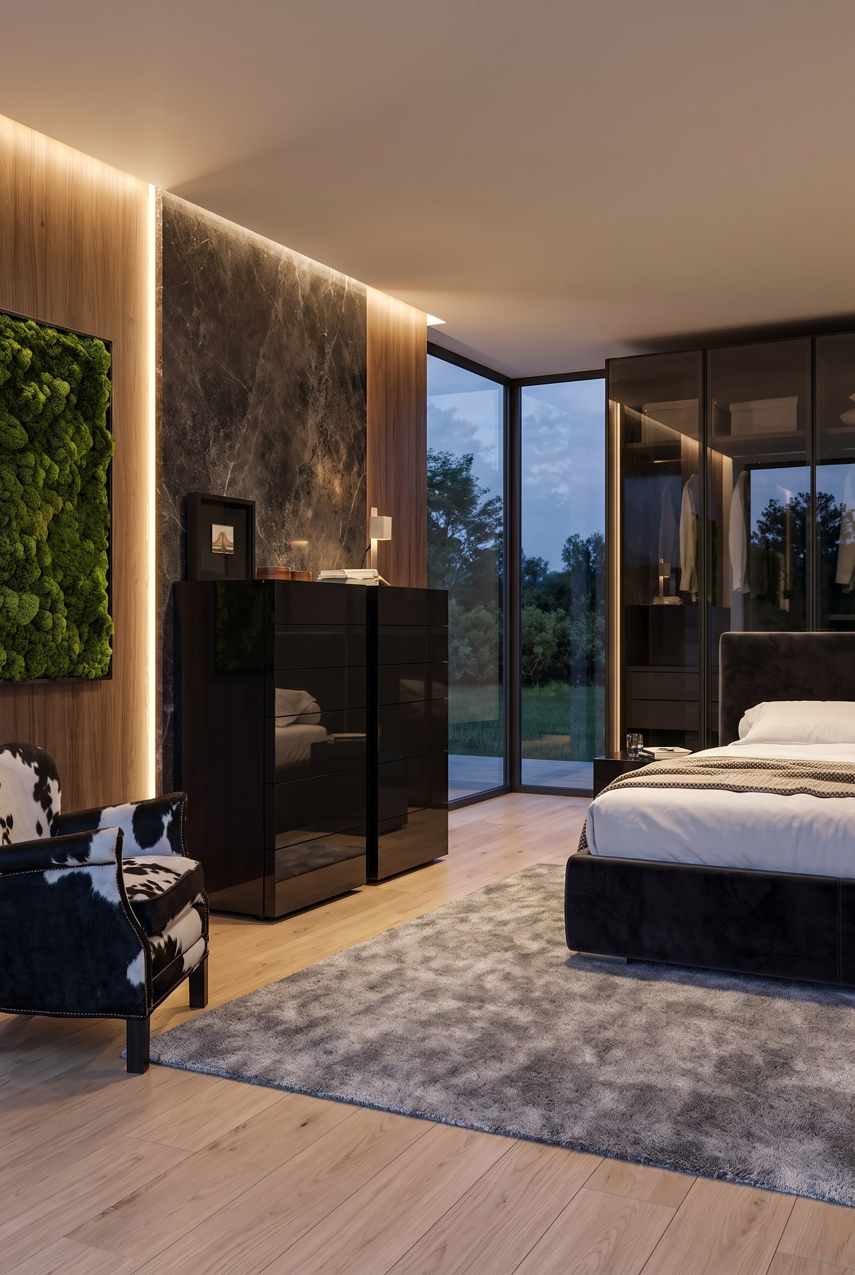 A black tall chest of drawers with a glossy surface in a bright bedroom, decorated with a moss picture.