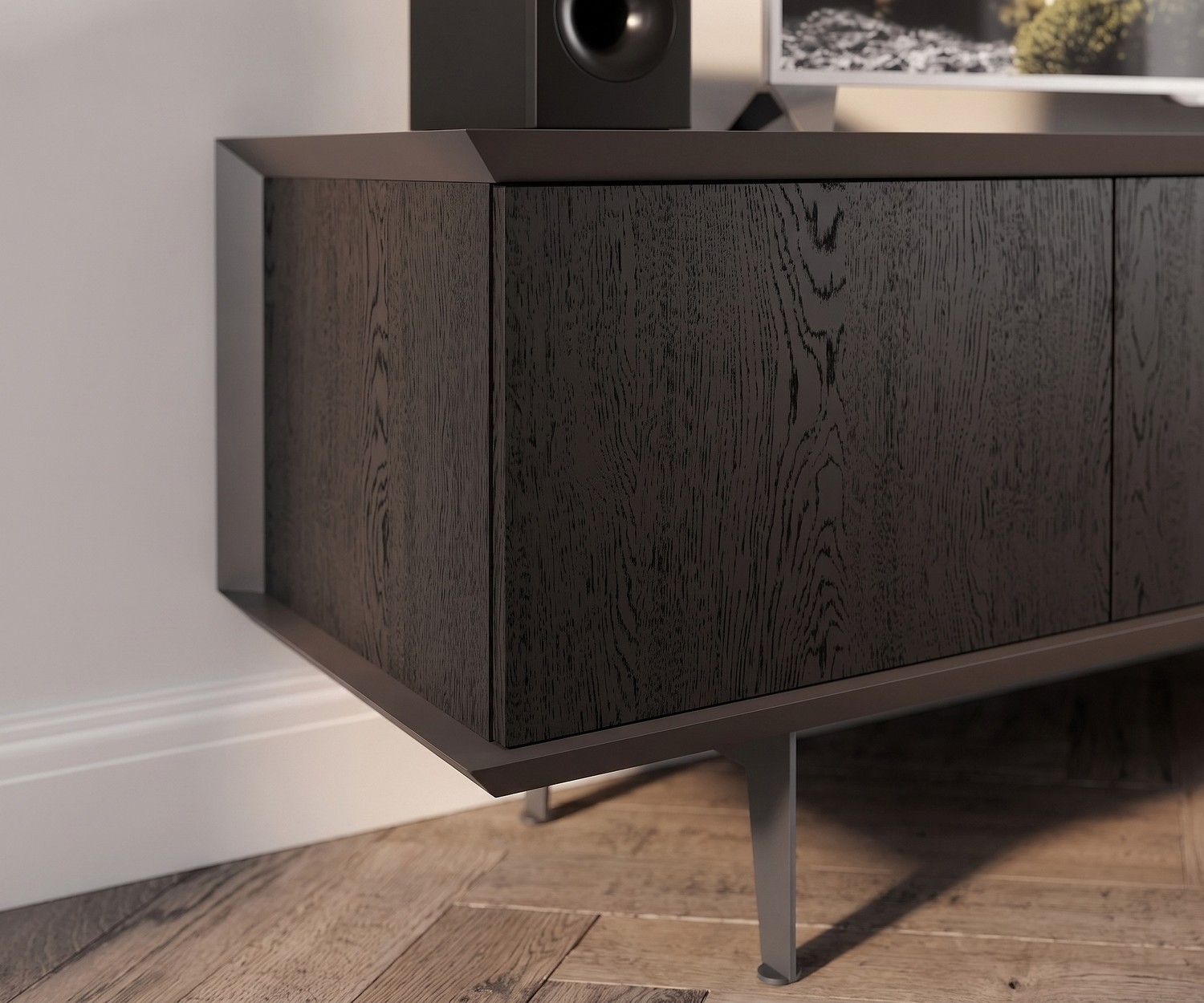 Ozzio Brera TV media lowboard unit in dark carbon oak wood with slim metal legs for modern living room entertainment.