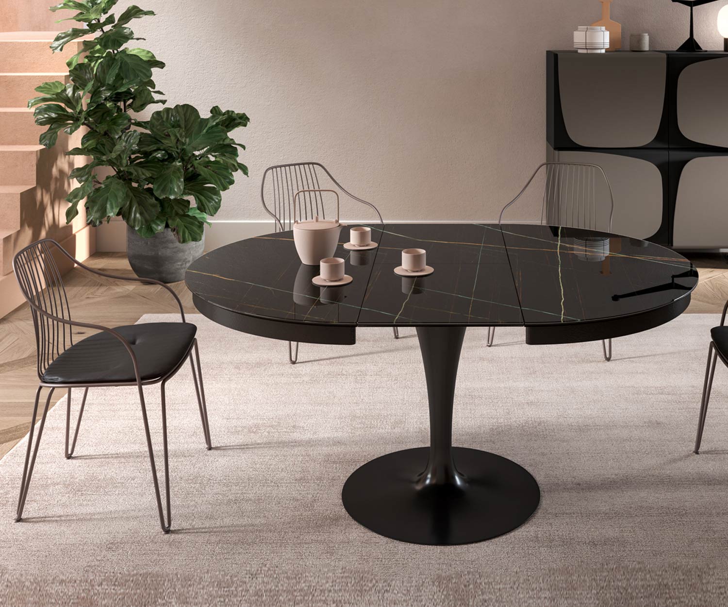Ozzio Eclipse Esstisch im ausgezogenen Zustand Breite 165 cm Metallstandfuß Ozzio Eclipse Esstisch im ausgezogenen Zustand Breite 165 cm Metallstandfuß
