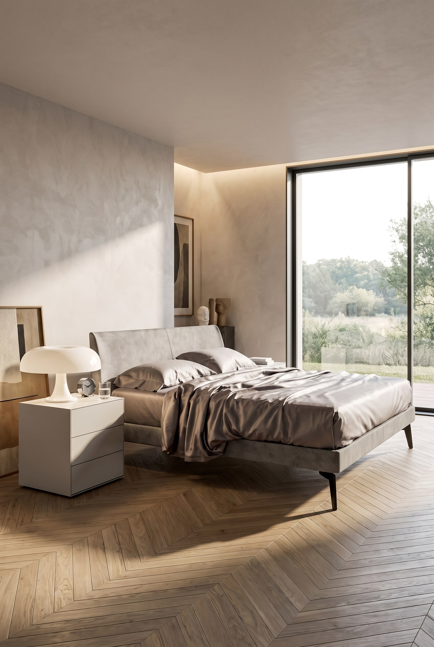 Hoog grijs boxspringbed met het passend hoge Livitalia Ecletto Nachtkastje 3 Laden in zacht wit