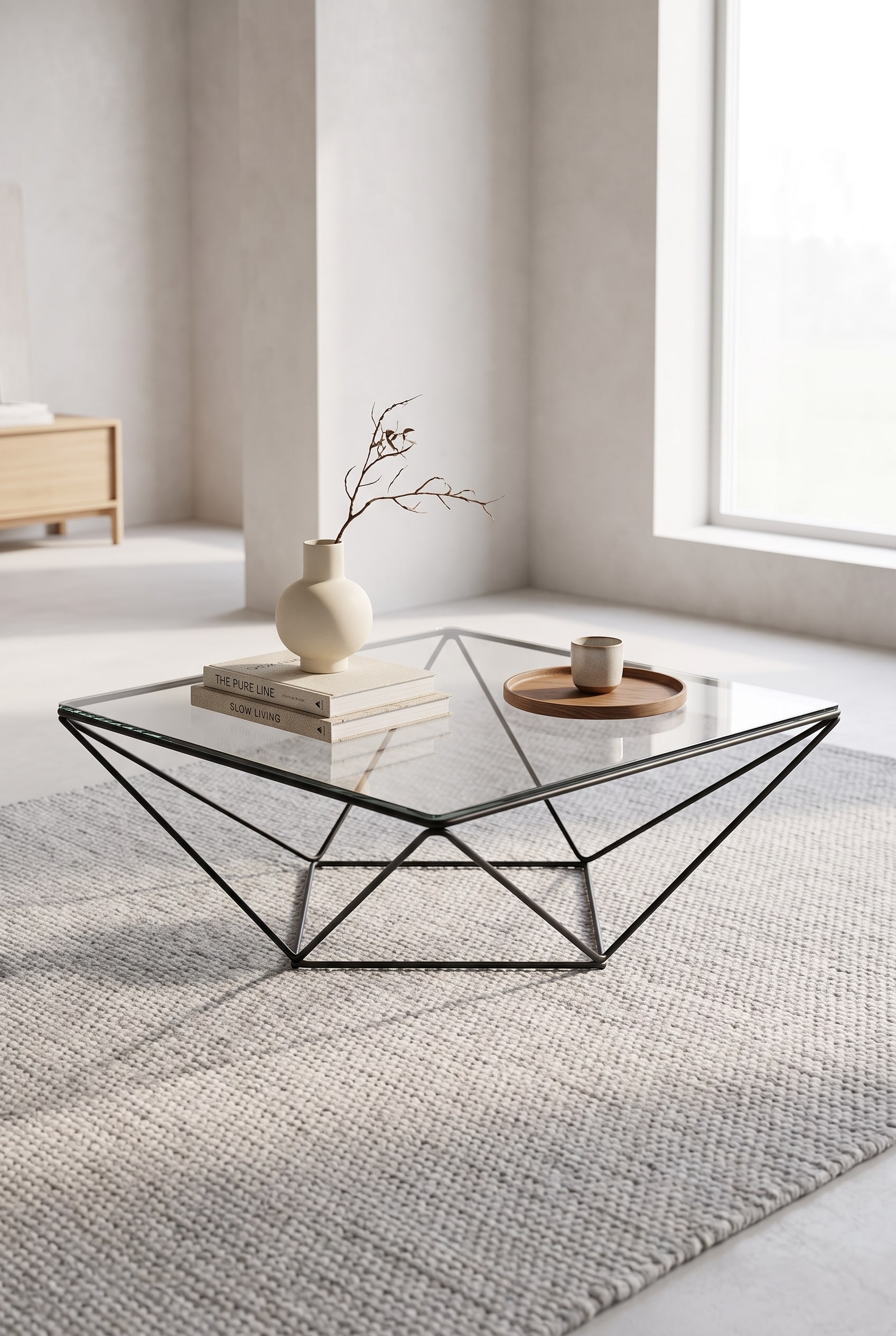 Woonkamer met een elegante glazen salontafel, die minimalistisch is gedecoreerd met een houten schaal en een matte vaas.