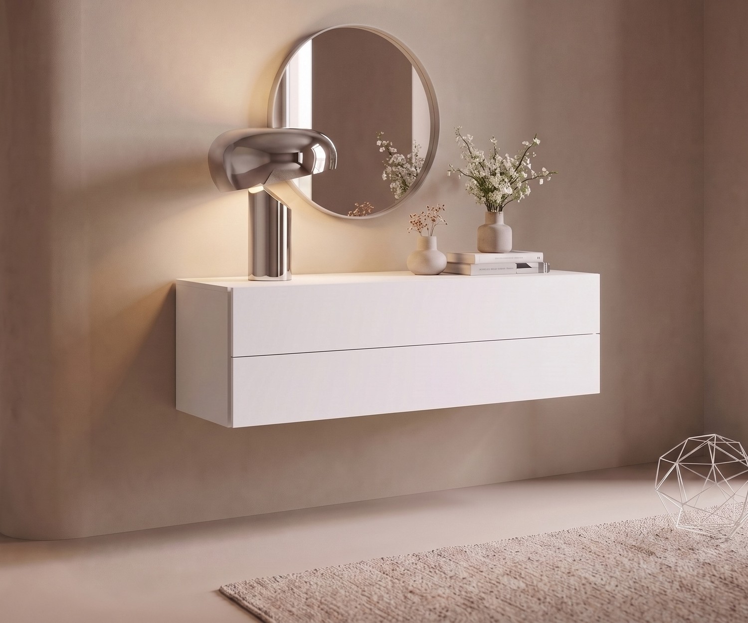 Hängekommode Novamobili Easy als Flurkommode, schwebendes weißes Sideboard mit Schubladen im minimalistischen Design