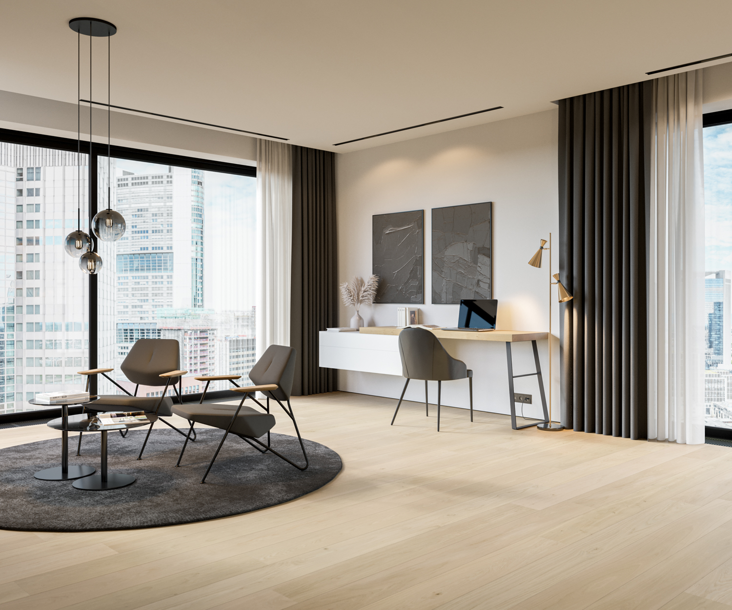 Luxurioeses Appartement mit modernem Schreibtisch kommode und Sitzgruppe mit polstersesseln bequem