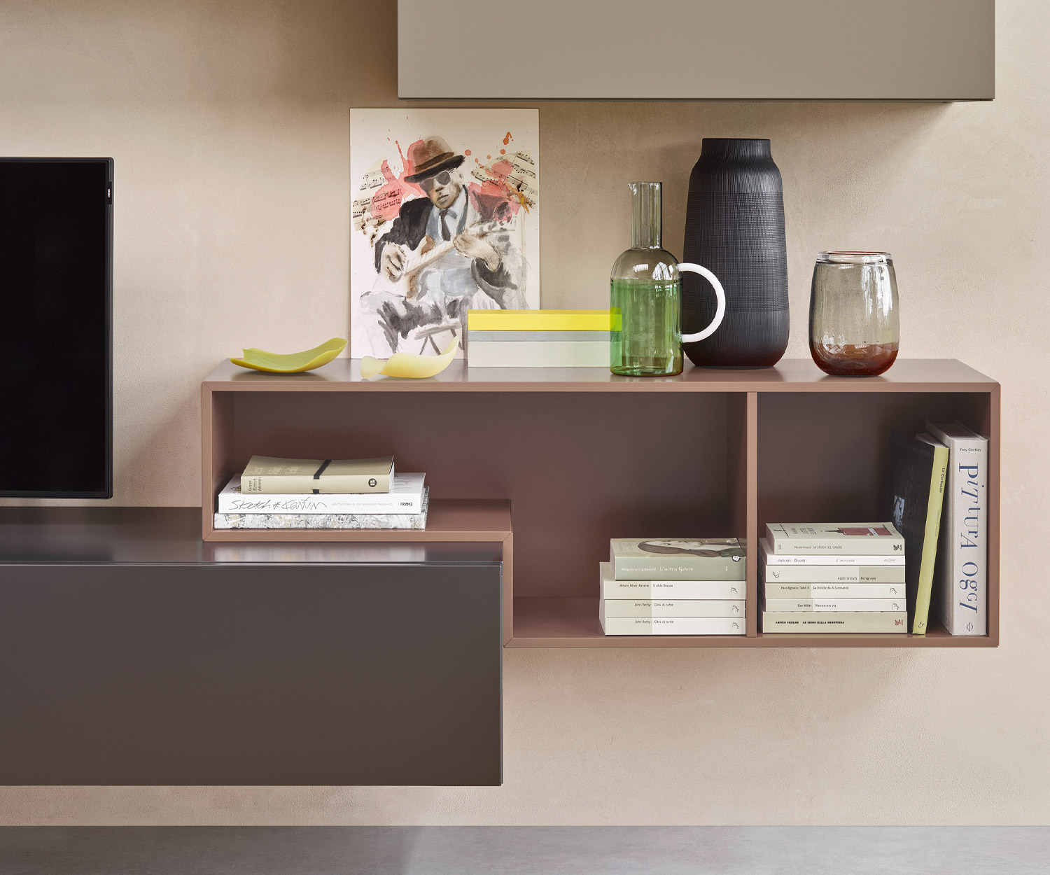 Moderne Livitalia Design Wohnwand C23 mit Tetris Regal in Braun Matt