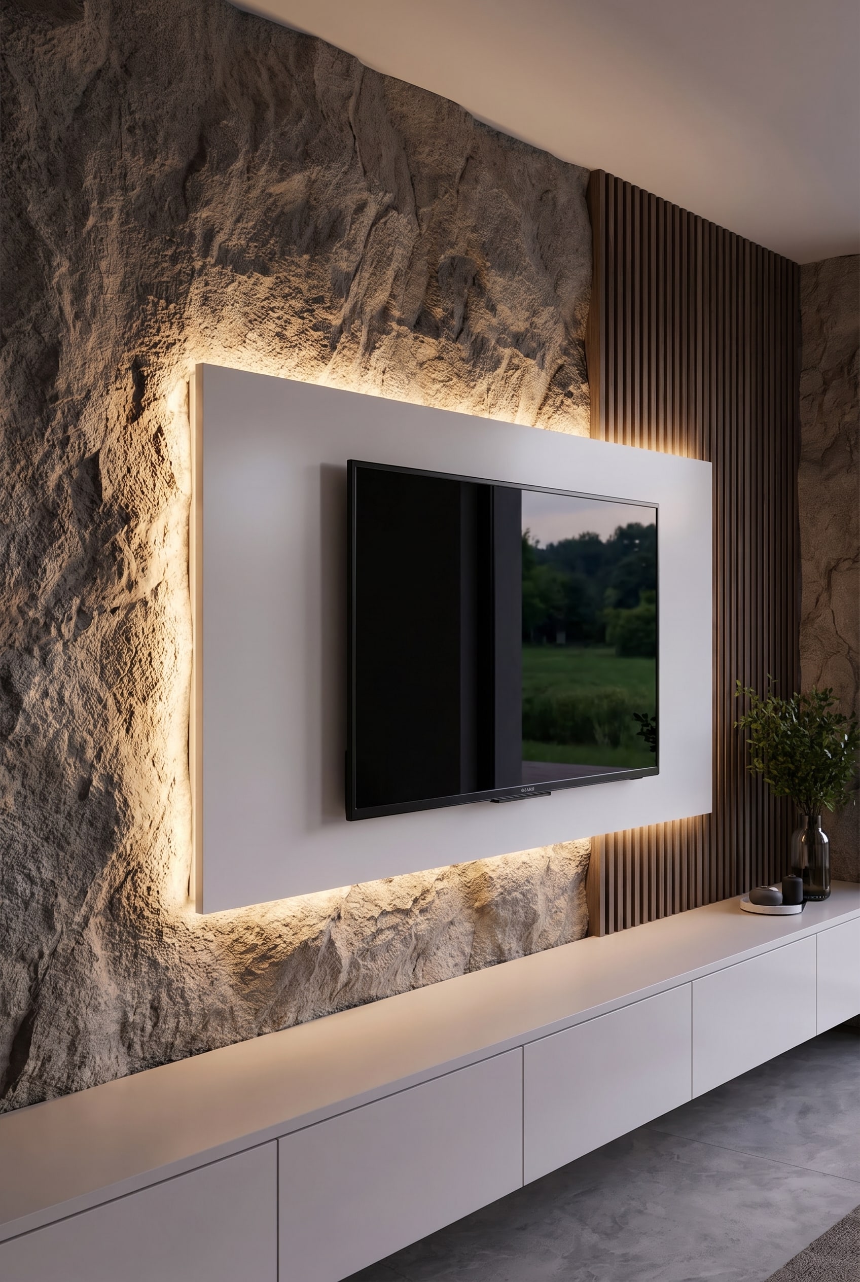 Vue d&eacute;taill&eacute;e d'un panneau mural TV avec joint creux et &eacute;clairage LED sur un mur en pierre naturelle brute, sans c&acirc;bles visibles