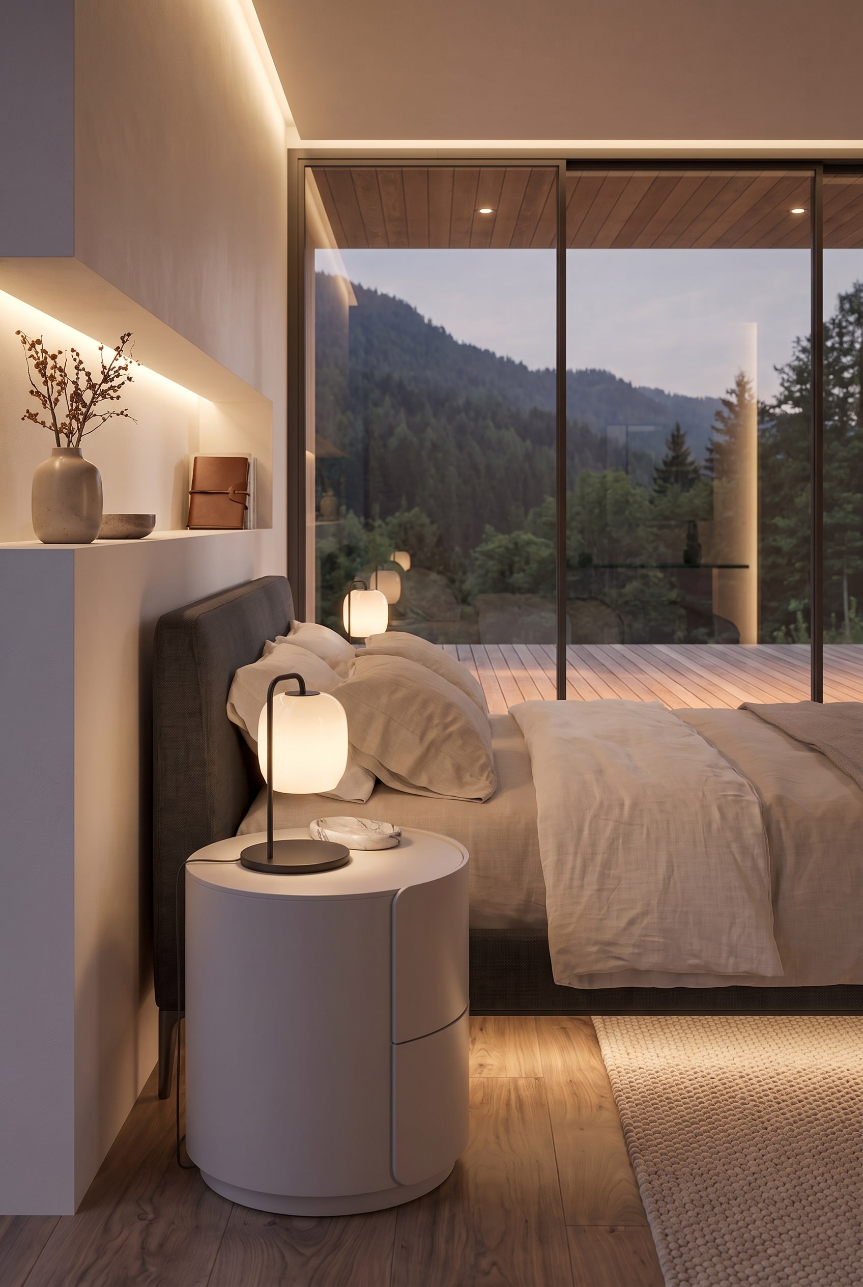 Rond Livitalia Nachtkastje in de slaapkamer voor een groot panoramaraam met uitzicht op een bos.