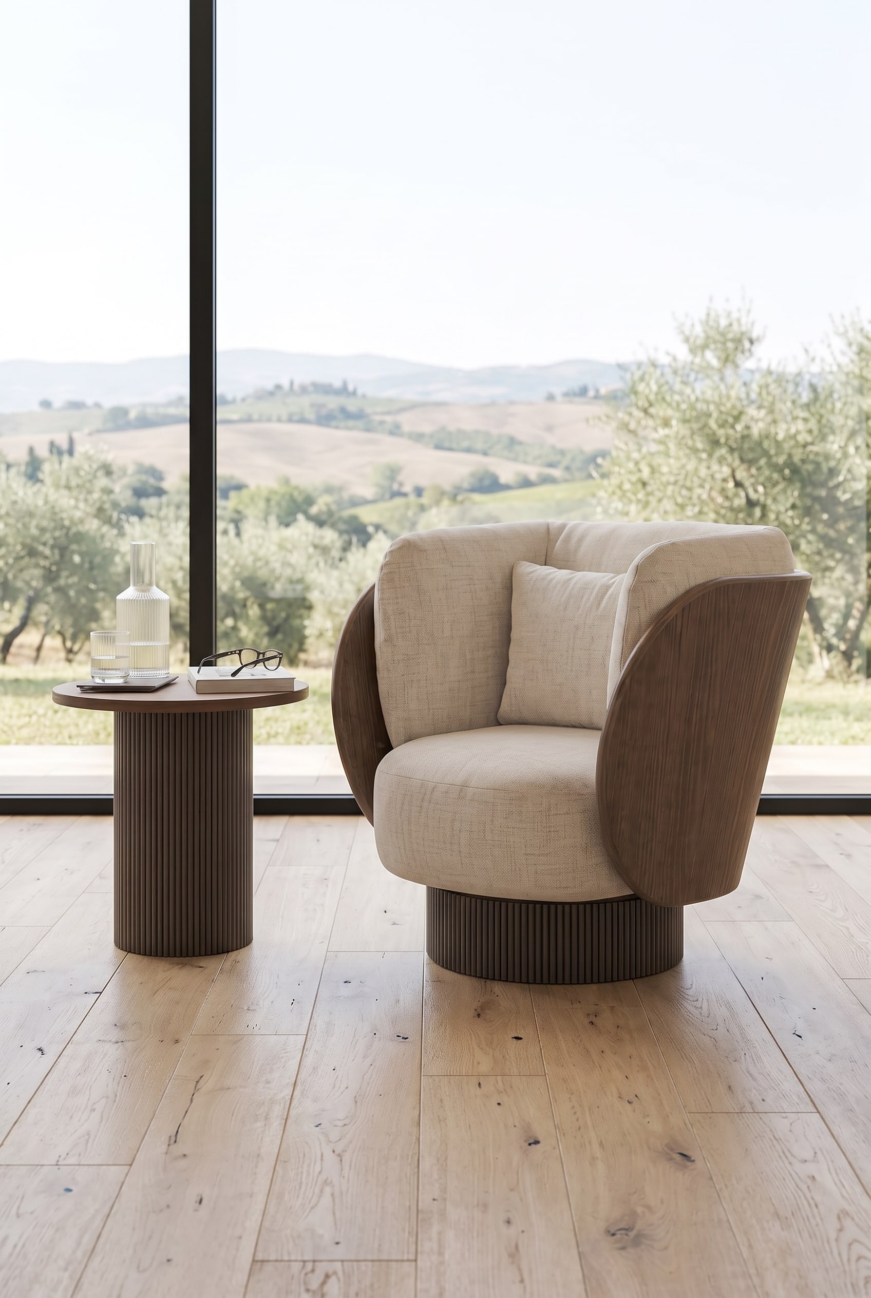 Detailopname van de onzichtbare draaivoet onder een luxueuze fauteuil.