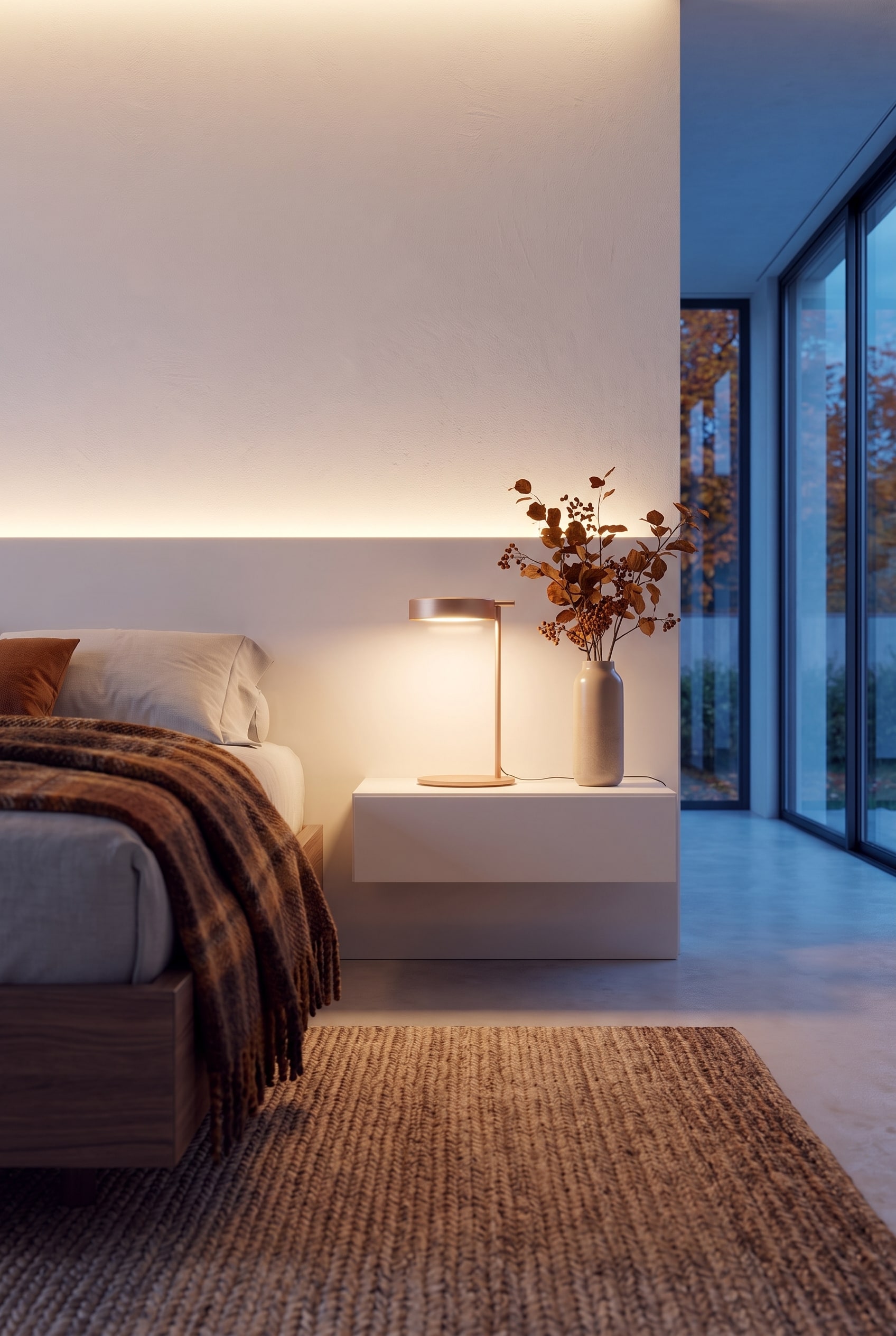 Herfstachtige slaapkamer met mat gelakt nachtkastje, dat beschikt over een gesloten lade, naast een gezellig stoffen bed