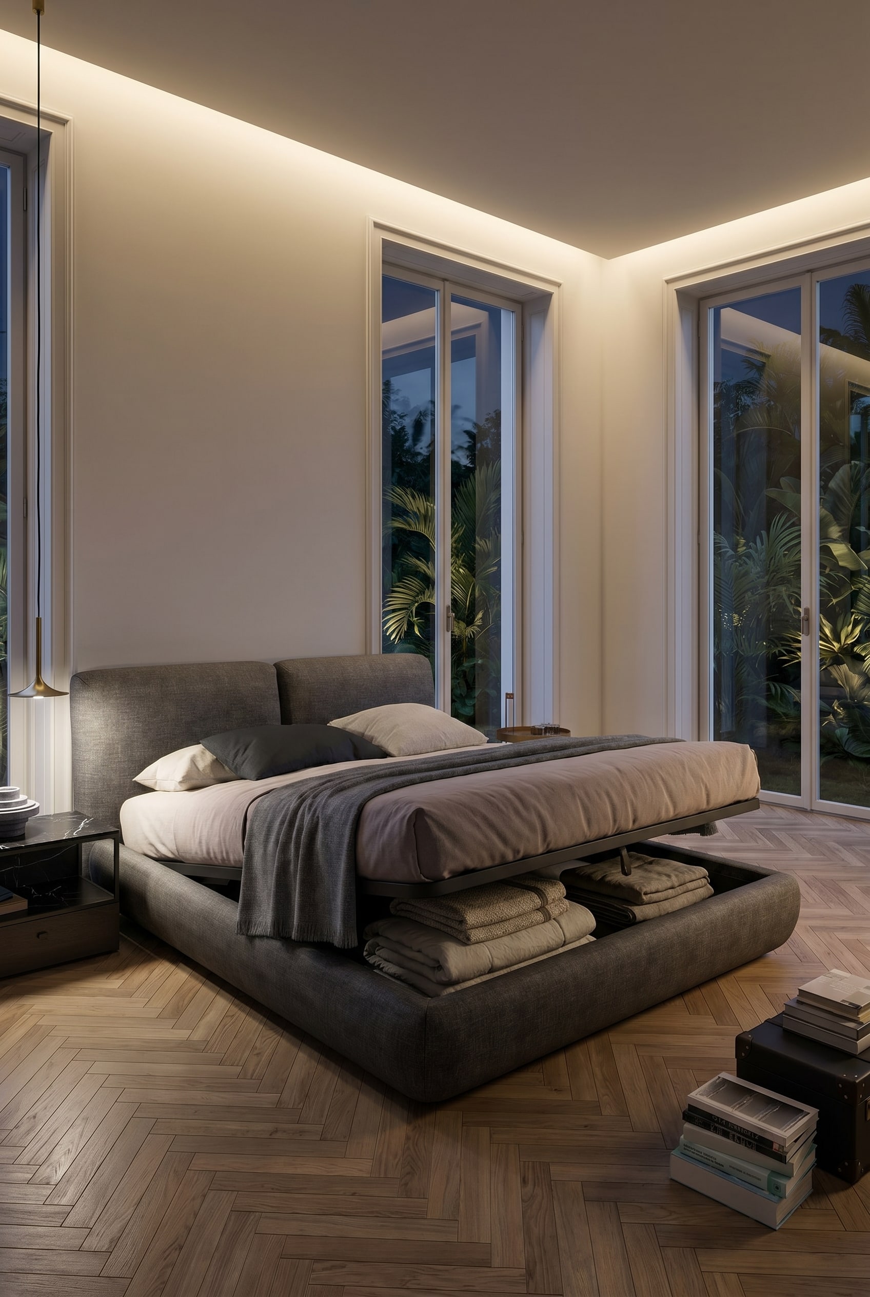 Elegant designerbed met zachte rondingen en een doordacht opbergconcept