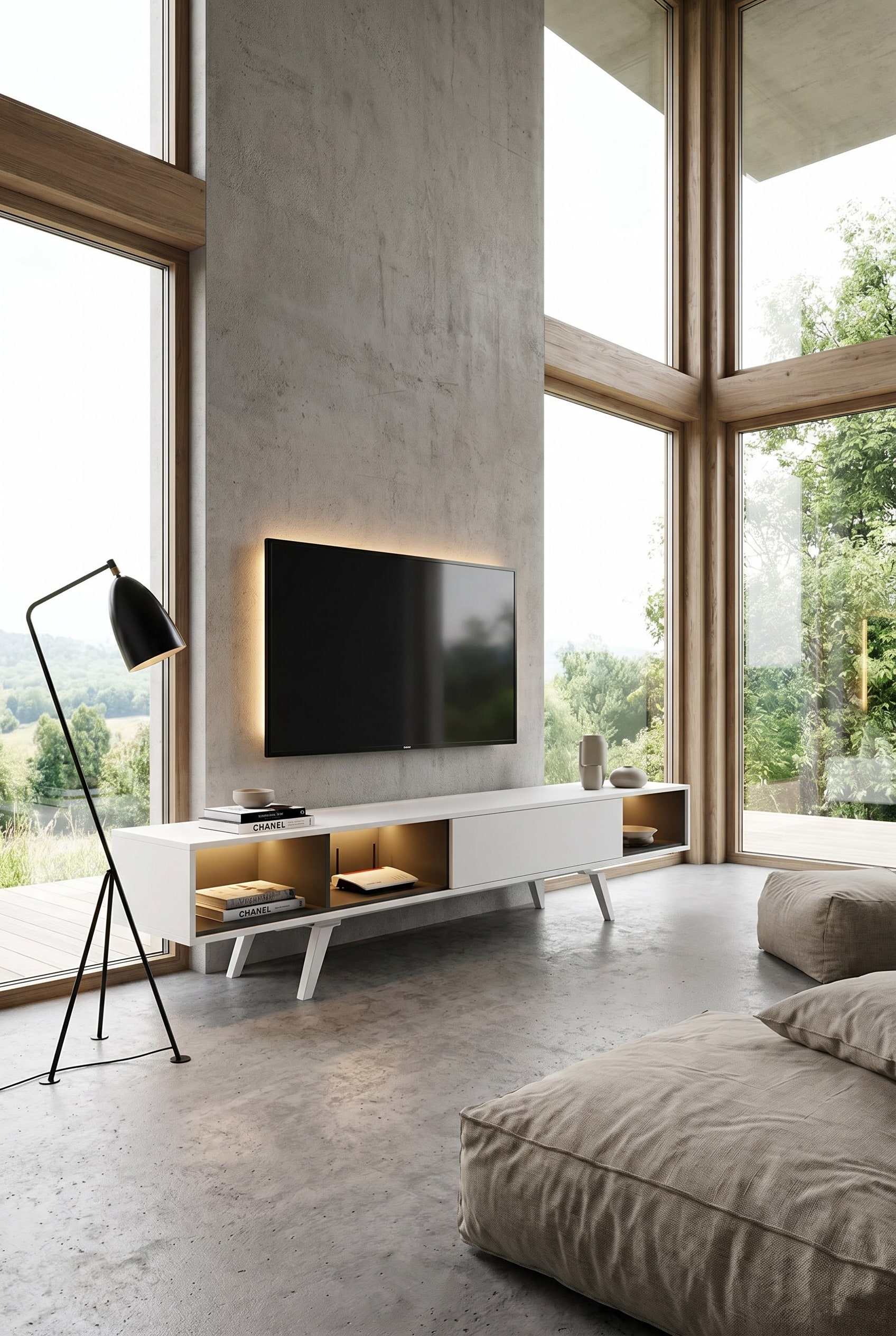 Minimalistische loungehoek met lang, tweekleurig al2 e-klipse 005 lowboard in wit en grijs en grote vloerkussens