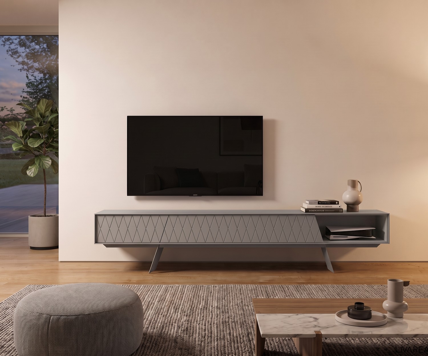 al2 e-klipse 008 TV Lowboard mit Rautenmuster im Wohnzimmer. Modernes graues Fernsehregal auf filigranen Füßen.
