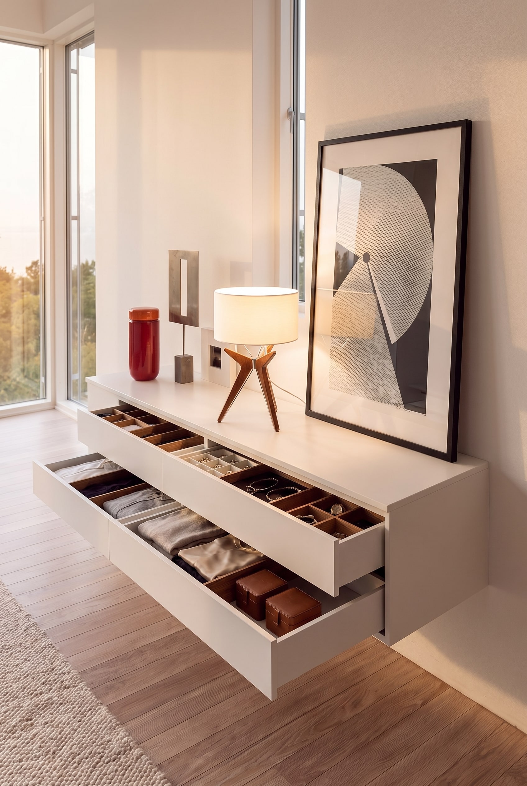 Een zwevend aan de muur gemonteerde ladekast van eikenhout. Een lade is licht geopend en biedt gemakkelijke, rechtopstaande toegang tot daarin liggende oorbellen.