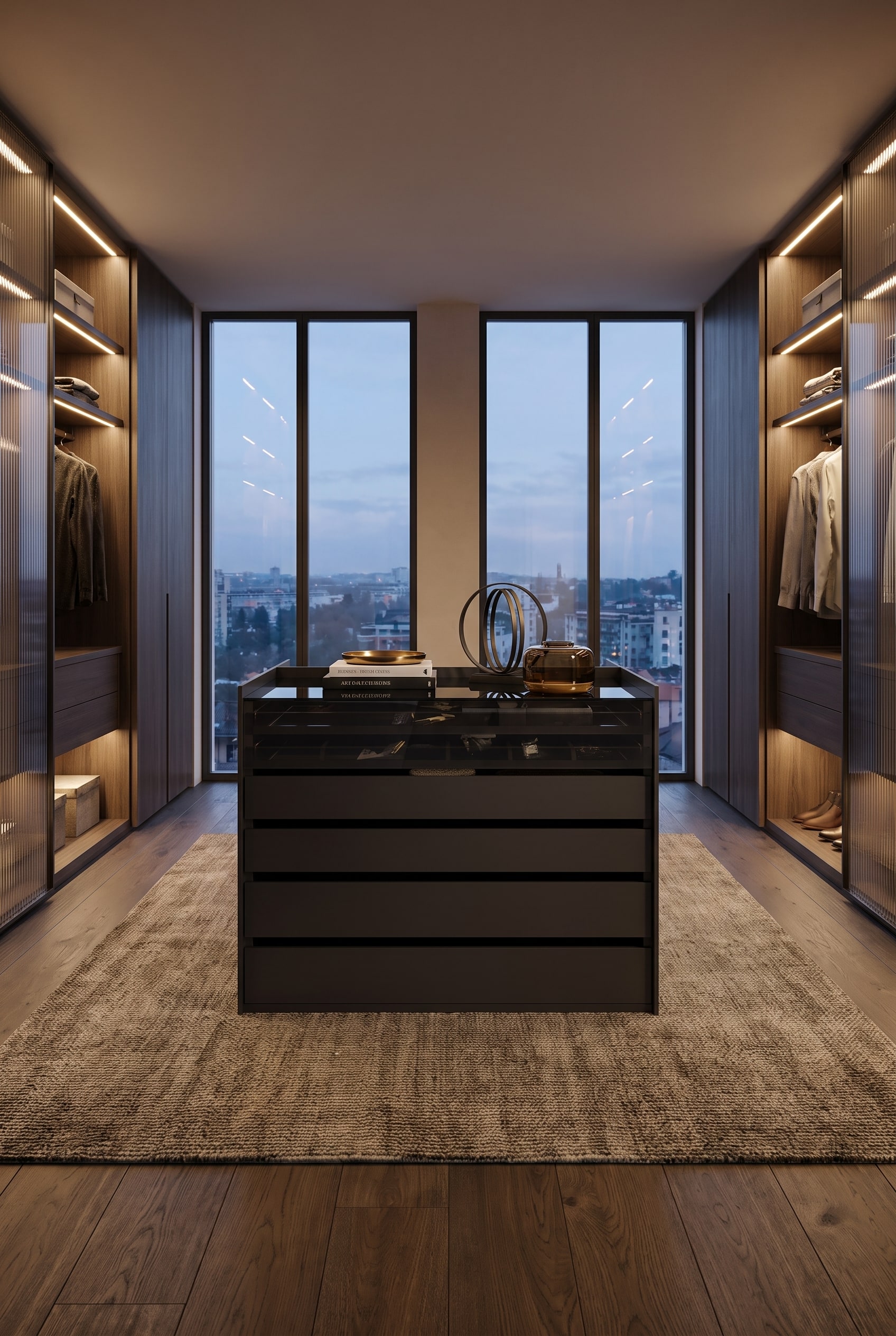 Luxueuze kleedkamer met een vrijstaand kasteiland in donker hout, bovenaan voorzien van een glasplaat, omgeven door warm licht