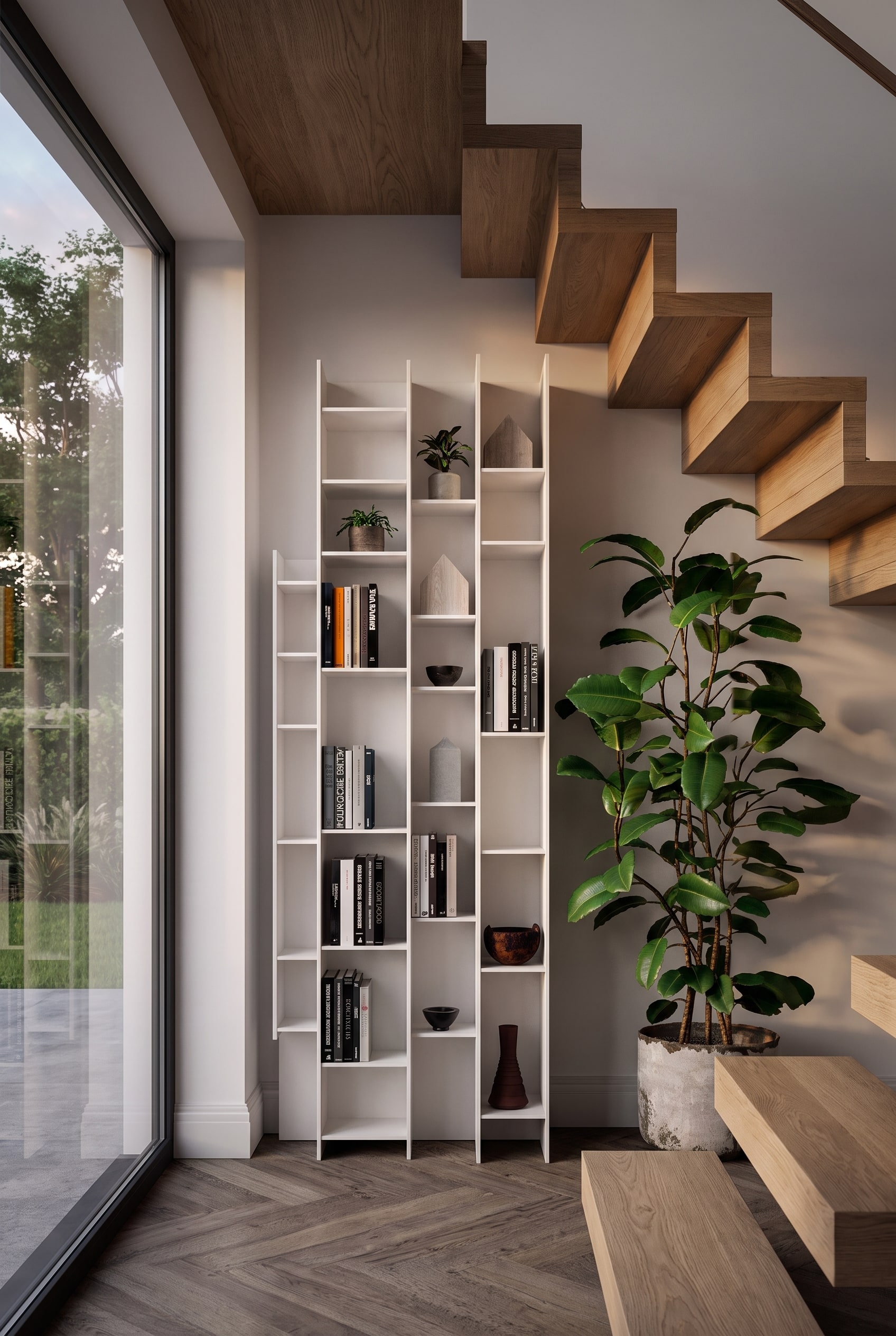 Een open trappenhuis met een elegante glazen plank-ruimteverdeler, die de ruimte onder de houten trap optimaal benut voor boeken en decoratie.