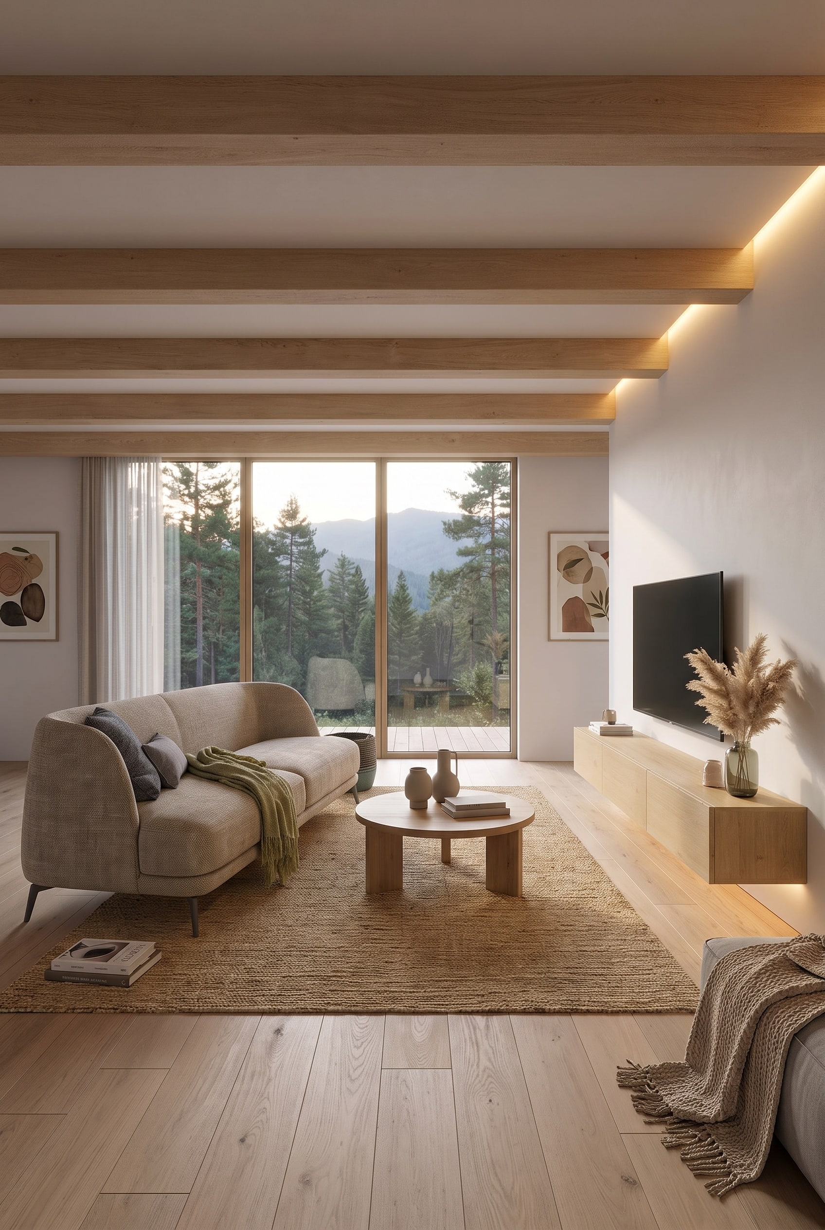 Wohnzimmer mit einem großen Sofa in mattem Beigeton, ohne harte farbliche Kontraste