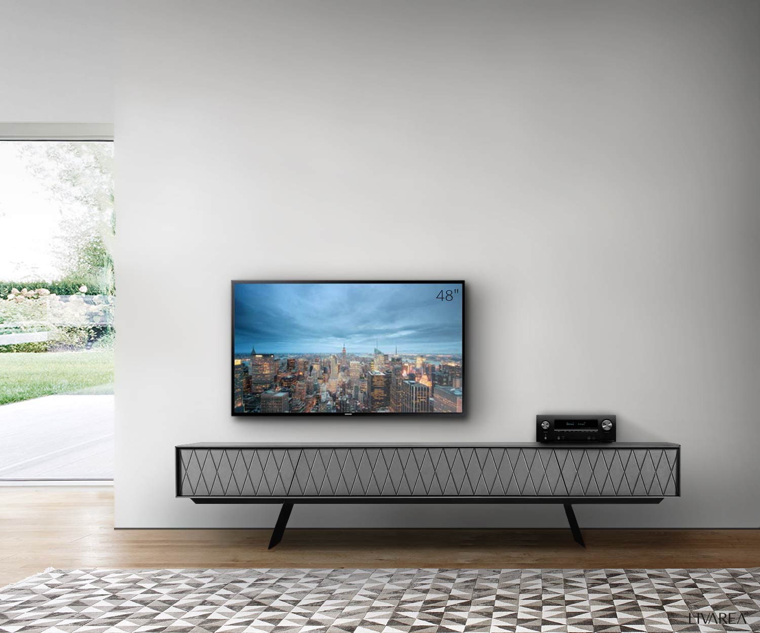 Designer TV Design Lowboard von al2 mit Front in Dunkelgrau im Wohnzimmer Designer TV Design Lowboard von al2 mit Front in Dunkelgrau im Wohnzimmer