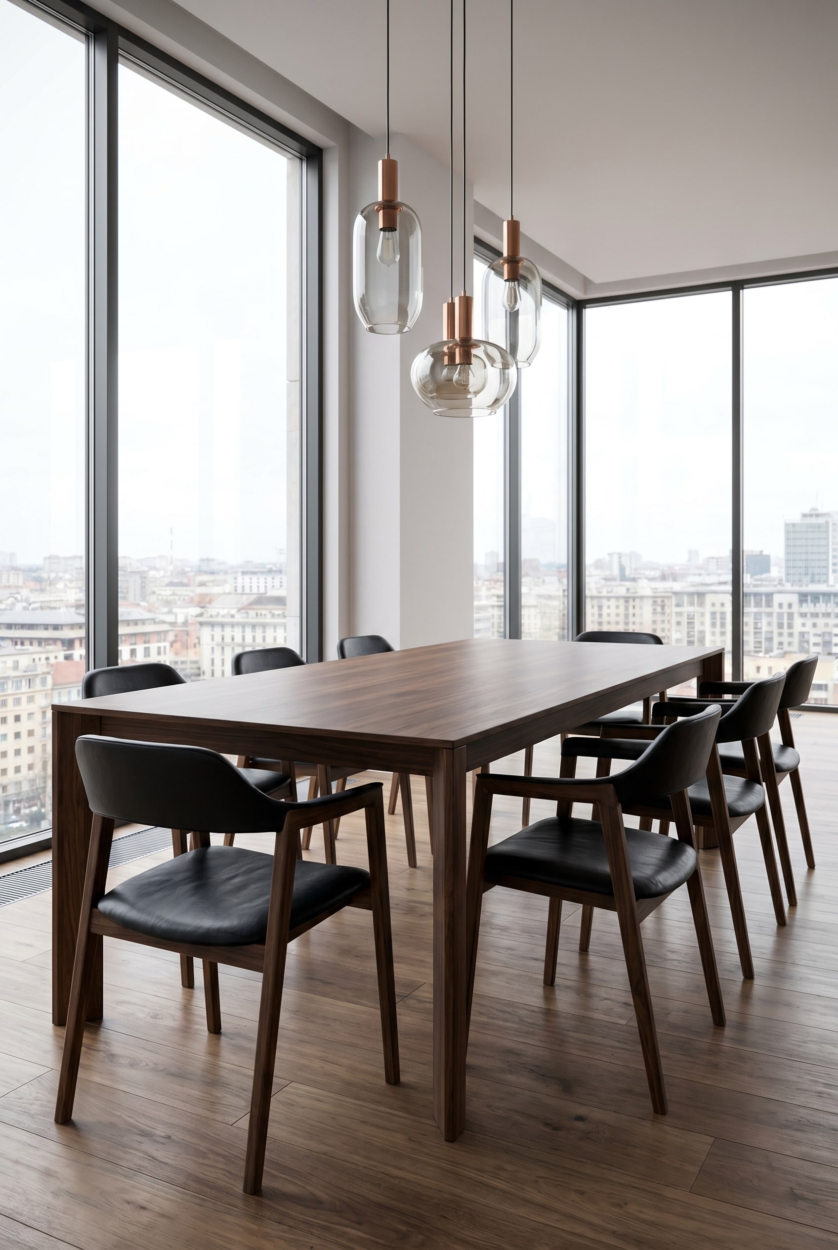 Sala da pranzo moderna in stile loft con tre lampade a sospensione in vetro e sedia con braccioli in noce scuro con pelle nera al tavolo in legno