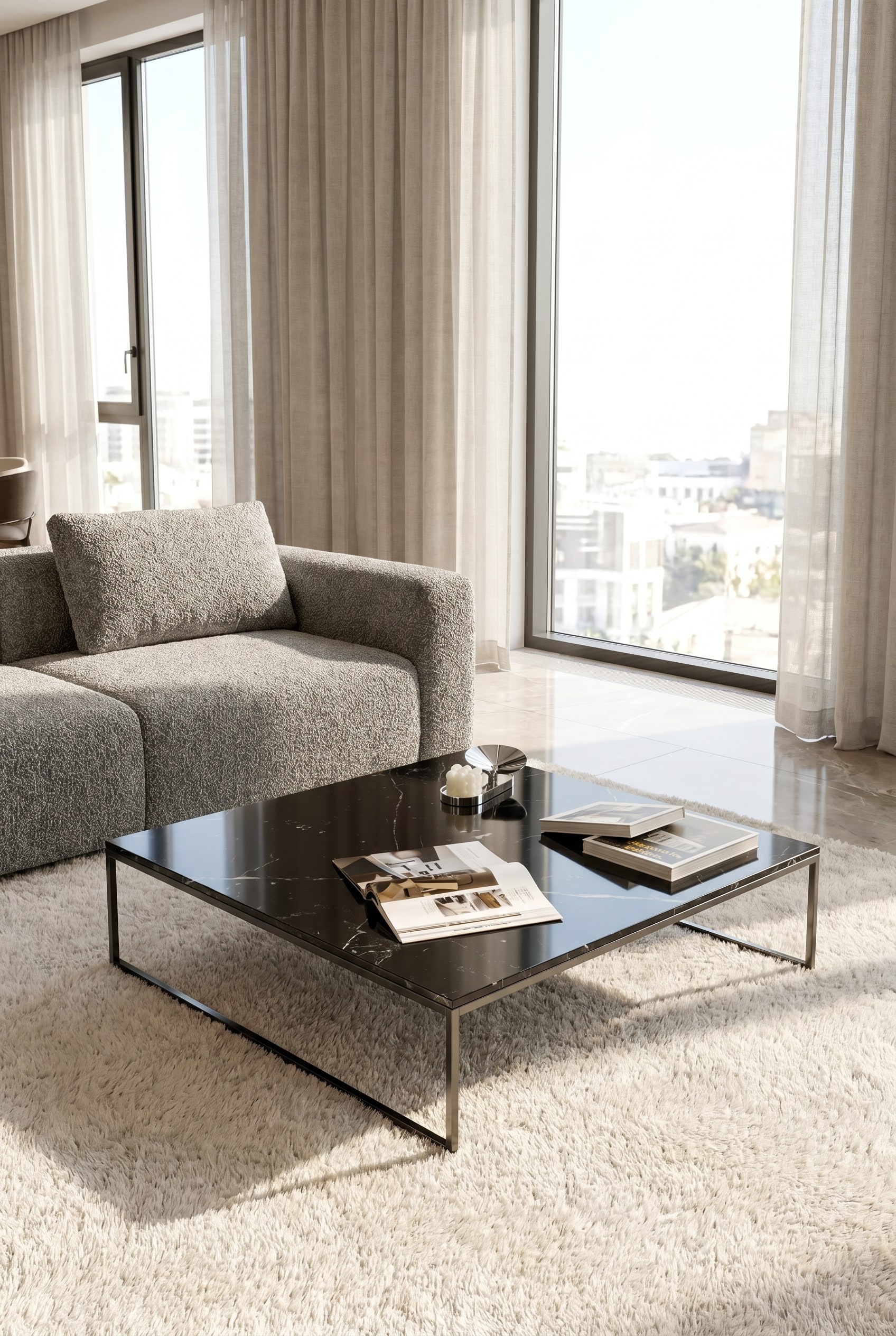 Livitalia Marmor Couchtisch Frame auf einem hochflorigen hellen Teppich vor bodentiefen Fenstern in einer modernen Lounge