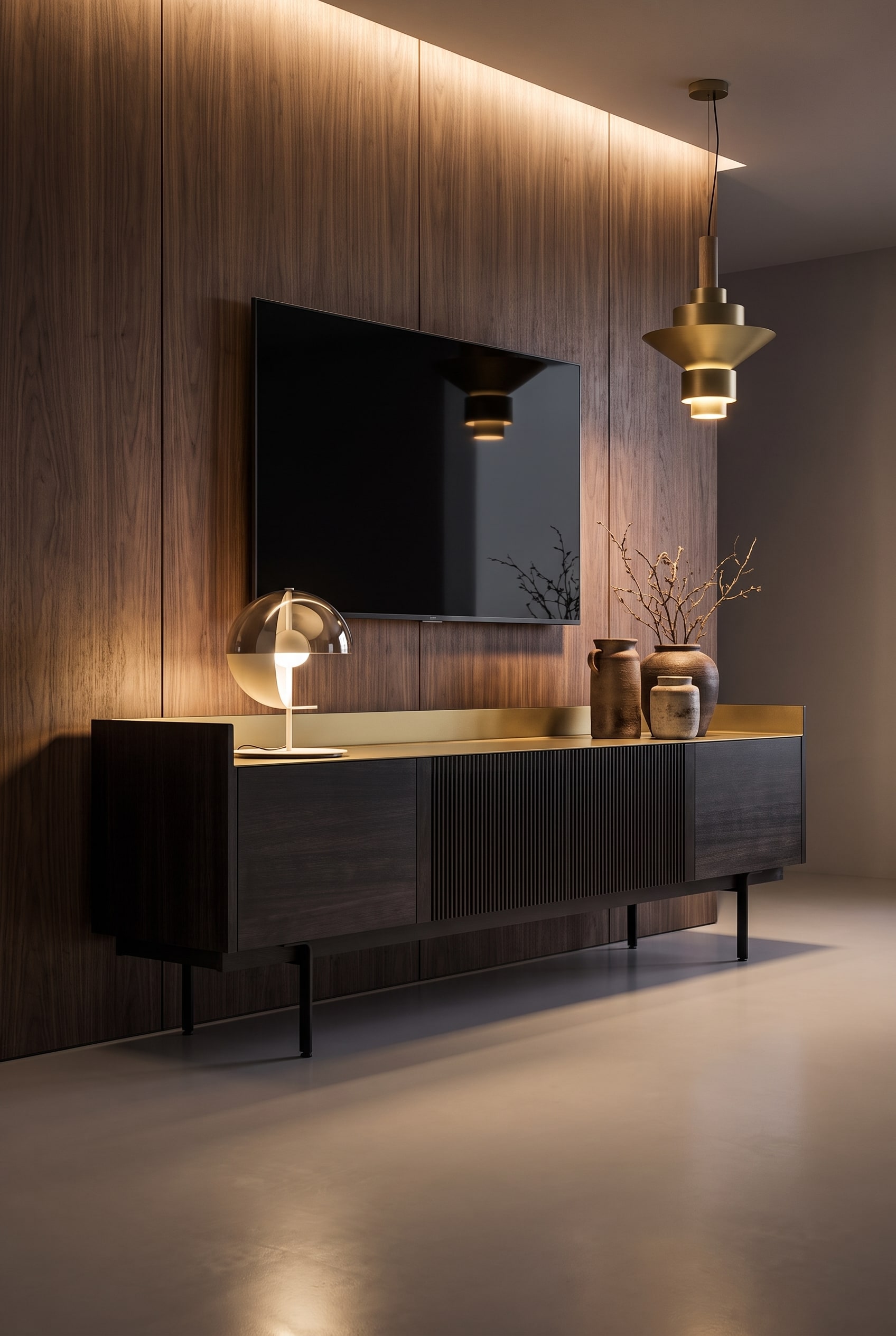 Detailaanzicht van een houten lowboard met geribbelde fronten, keramische vazen met gedroogde takken en een LED-verlichte houten wand erboven
