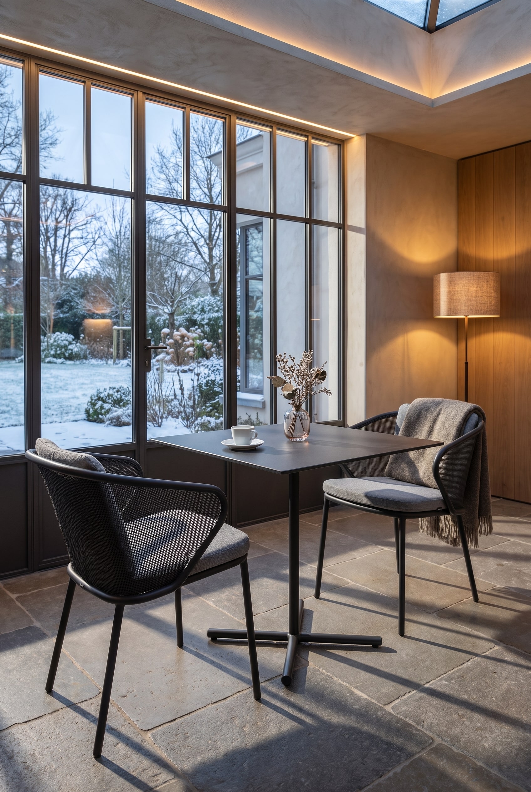 Sierlijke bistrotafel in donker grafiet met centrale middenvoet en twee moderne stoelen in een zonnige hoek van de serre. Op de tafel staat een espressokopje.