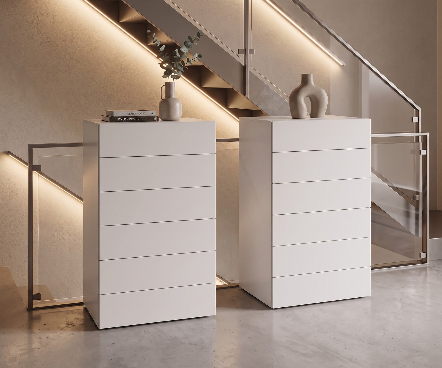 Novamobili Easy tall chest of drawers in a hallway. Modern white 6-drawer chest without handles near a staircase.