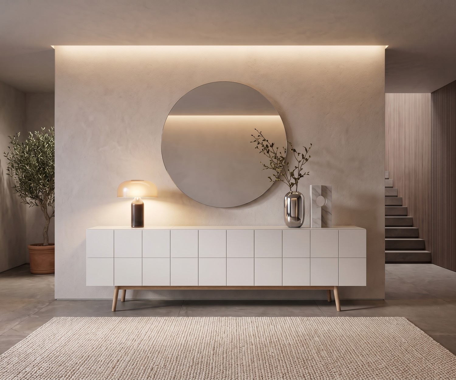 al2 MOS-I-KO 003 B White Designer Sideboard with Wood Legs al2 MOS-I-KO 003 B design sideboard in a minimalist hallway. White lacquered cabinet with wooden legs and tile-style front.