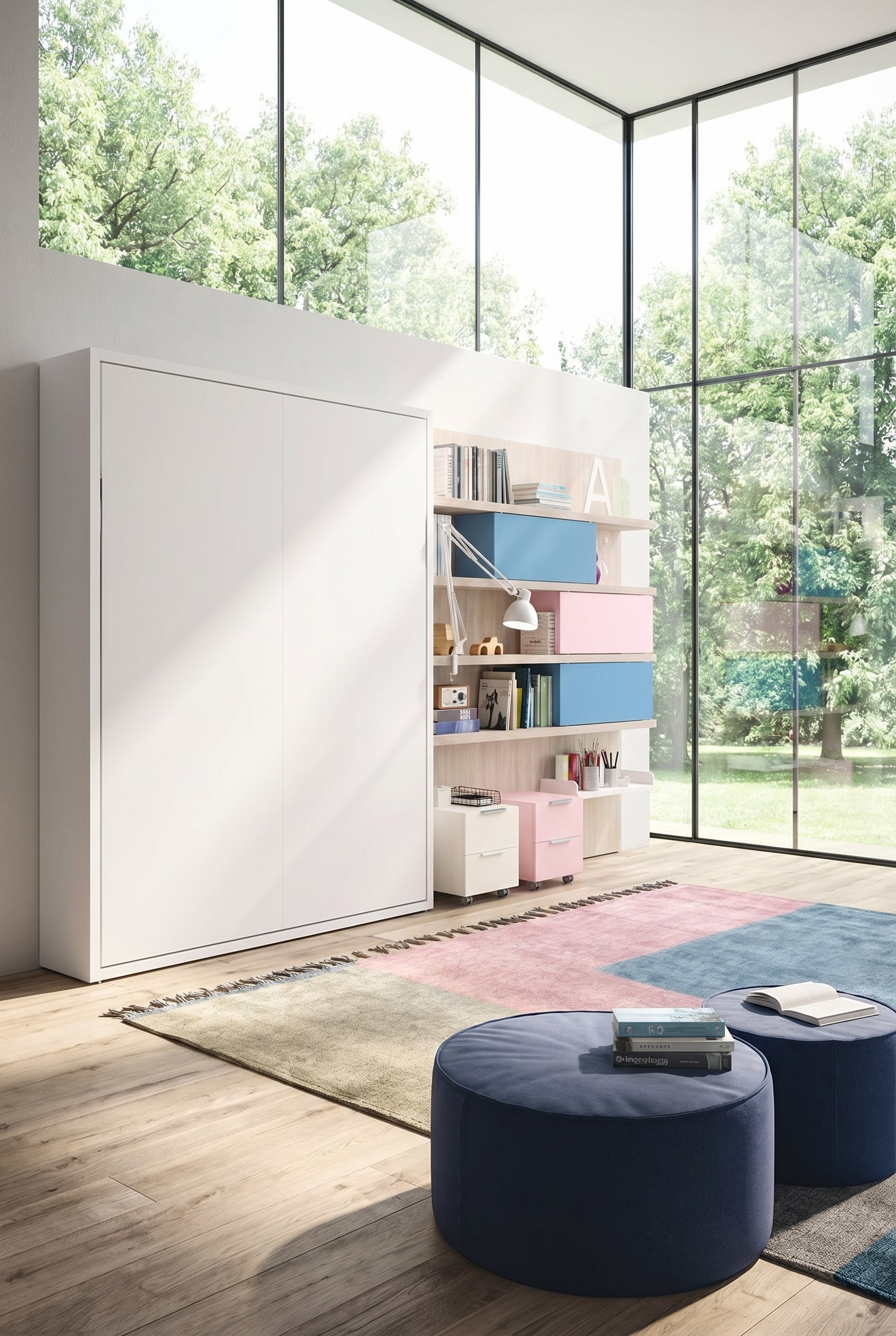 A bright children's room with a space-saving, folded bunk wall bed, large windows, and plenty of free play area.