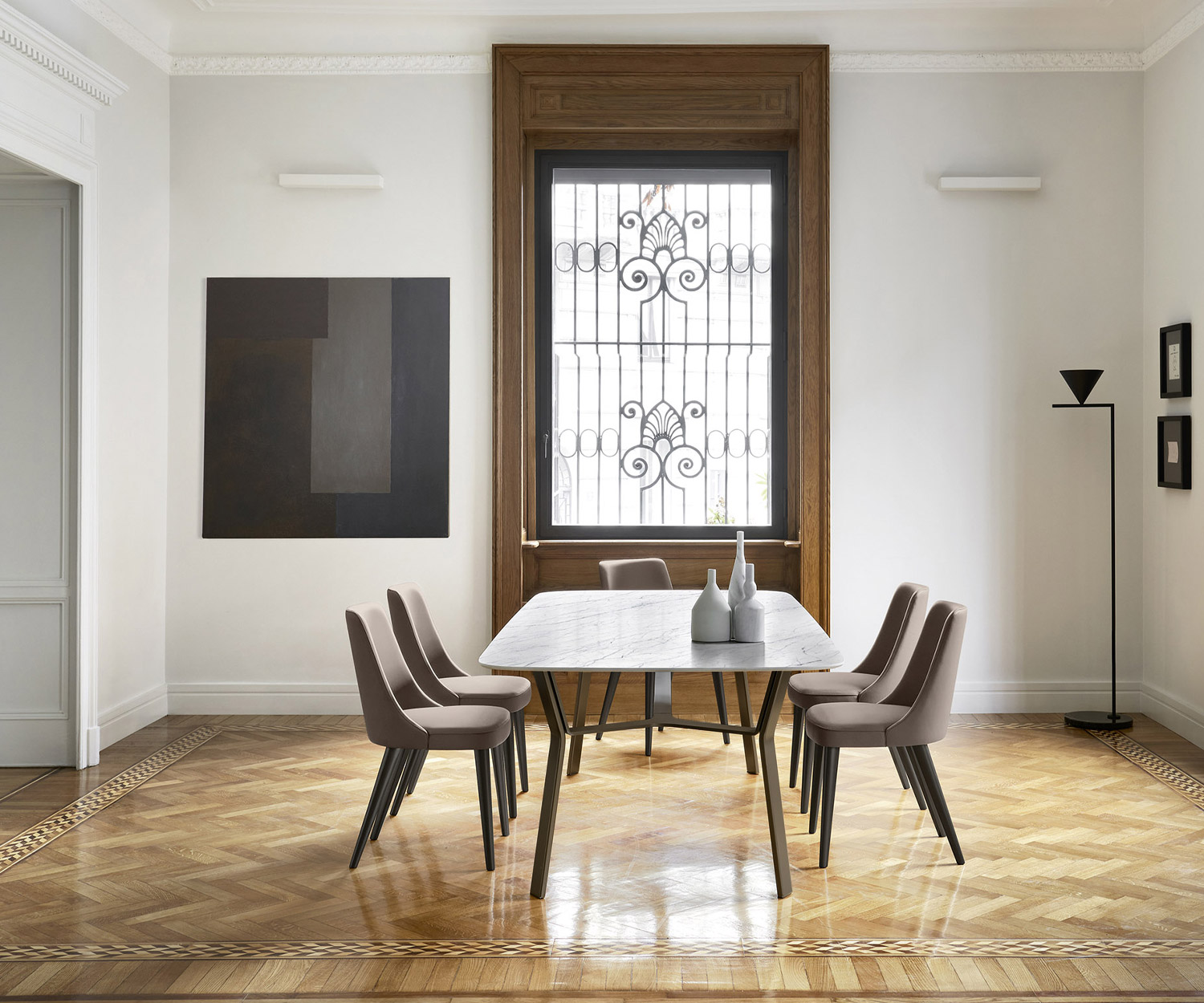 Rectangular designer dining table Iron Livitalia white top marble look with steel base Rectangular designer dining table Iron Livitalia white top marble look with steel base
