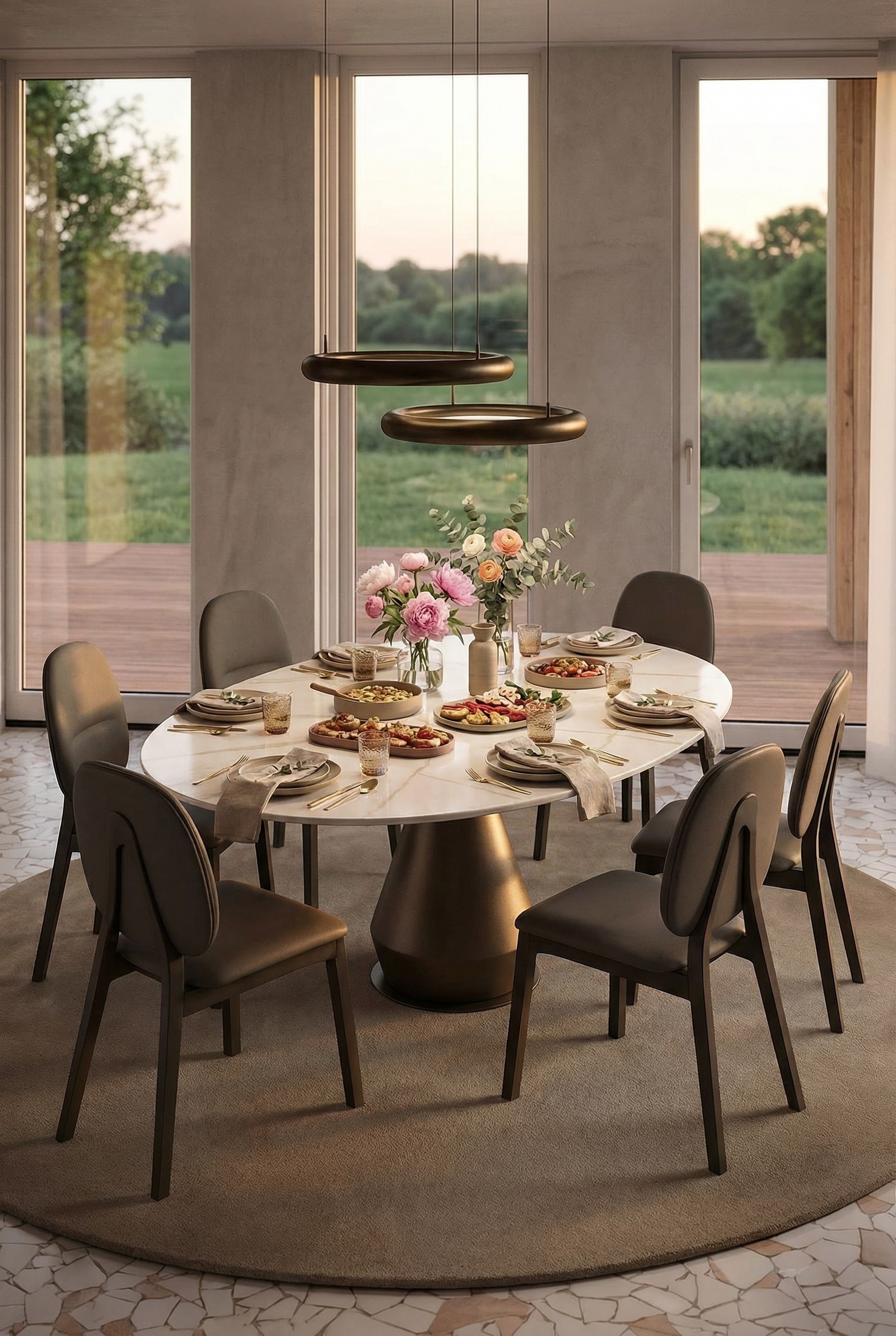 Extendable round dining table Ozzio Lycos with stylish chairs