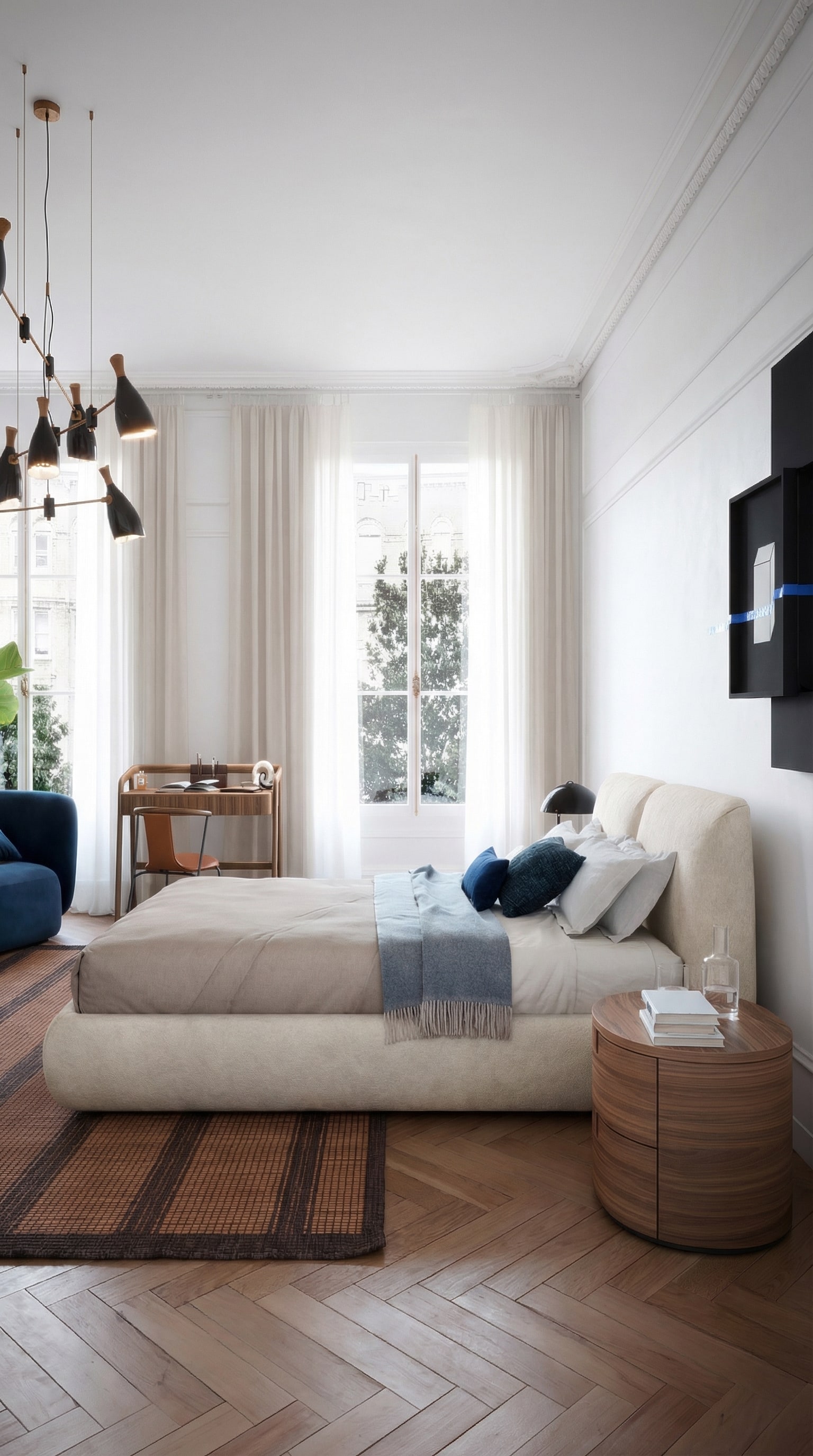 Novamobili Polsterbett Midnight mit weichen Konturen im hellen Schlafzimmer Novamobili Polsterbett Midnight mit weichen Konturen im hellen Schlafzimmer