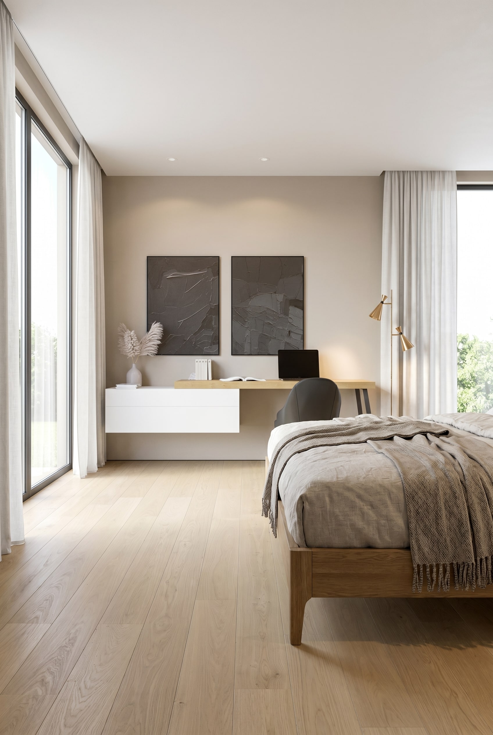 Camera da letto moderna con letto in legno di quercia e cassettiera a parete sospesa Livitalia Ecletto in bianco opaco