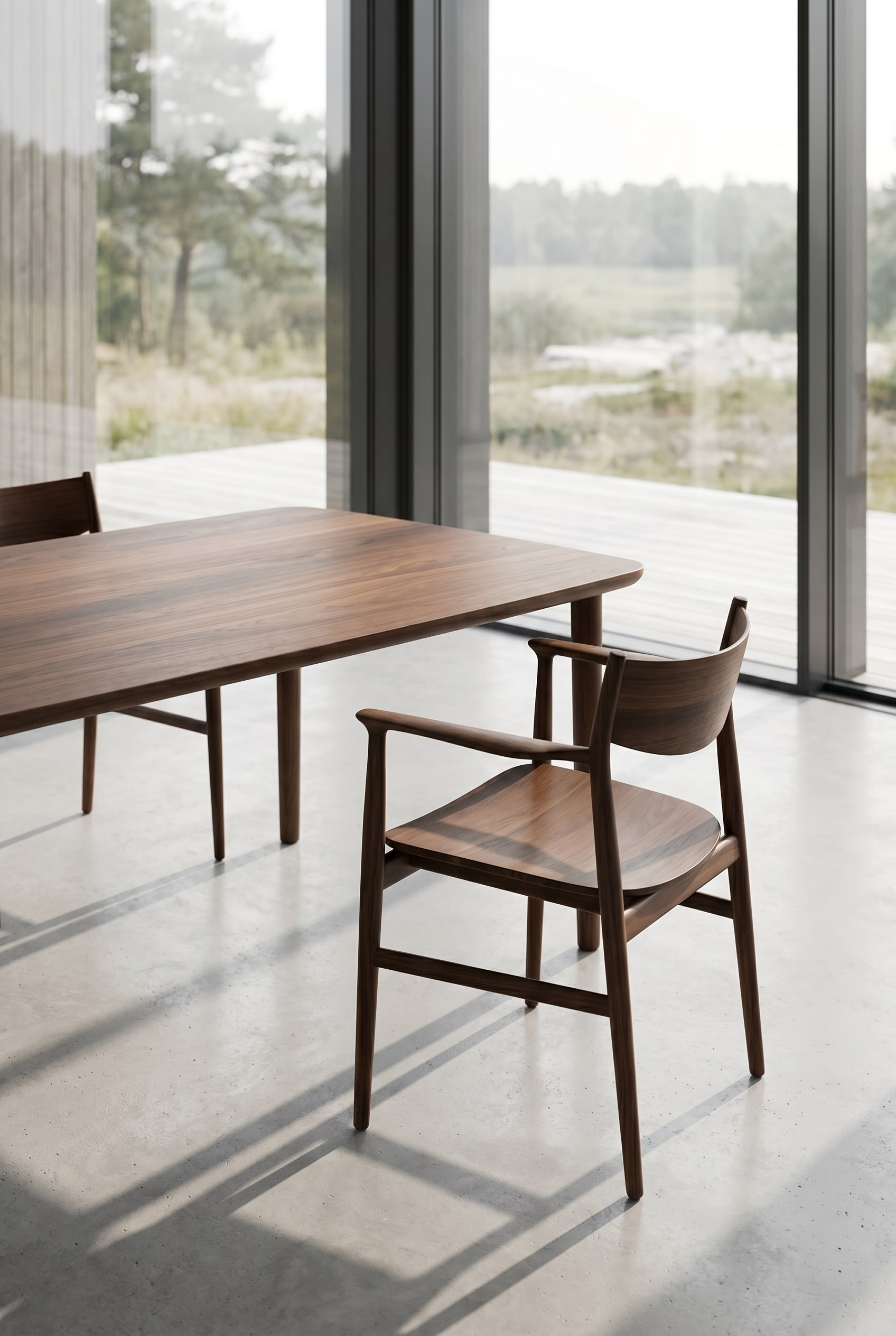 Elegante sala da pranzo con sedia con braccioli minimalista in legno scuro e grande piano del tavolo in noce