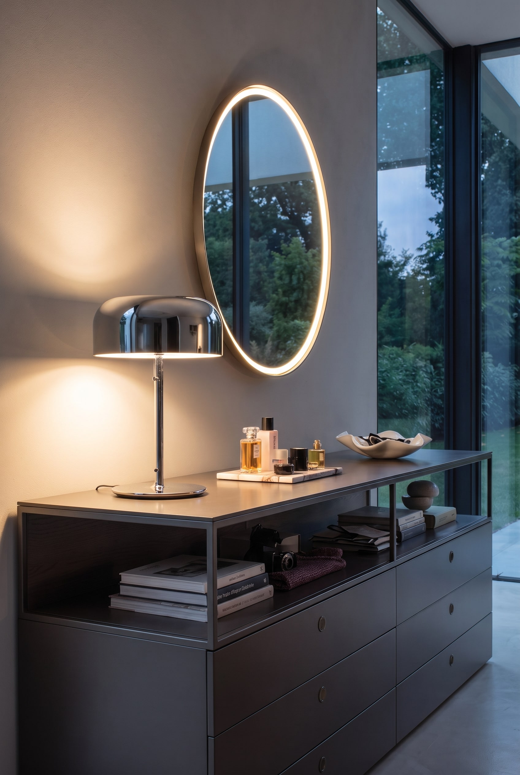 Una lampada da tavolo di design cromata su una cassettiera, davanti flaconi di profumo. Sullo sfondo, il bordo di uno specchio da parete rotondo si illumina di bianco caldo.