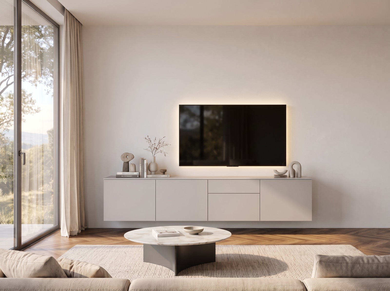 Livitalia Spaziora TV sideboard in matt light grey, W 240 cm, wall-mounted in a living room