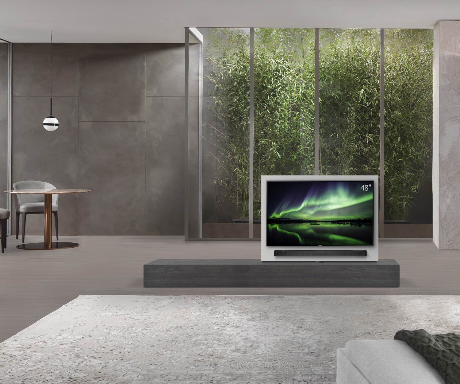 Livitalia Roto Design Lowboard Raumteiler mit drehbarem TV Paneel B150 50 H25 T56 EiGr B90li oBox