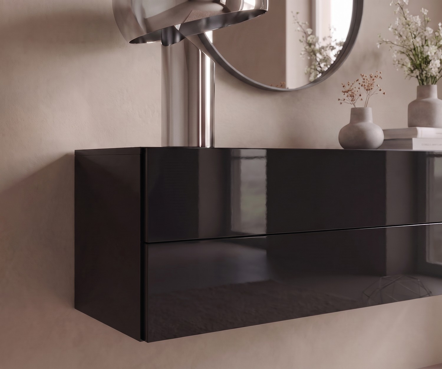 Novamobili Hängekommode Easy als schwebendes Sideboard im Flur, moderne schwarze Hochglanz-Kommode für minimalistischen Stil.
