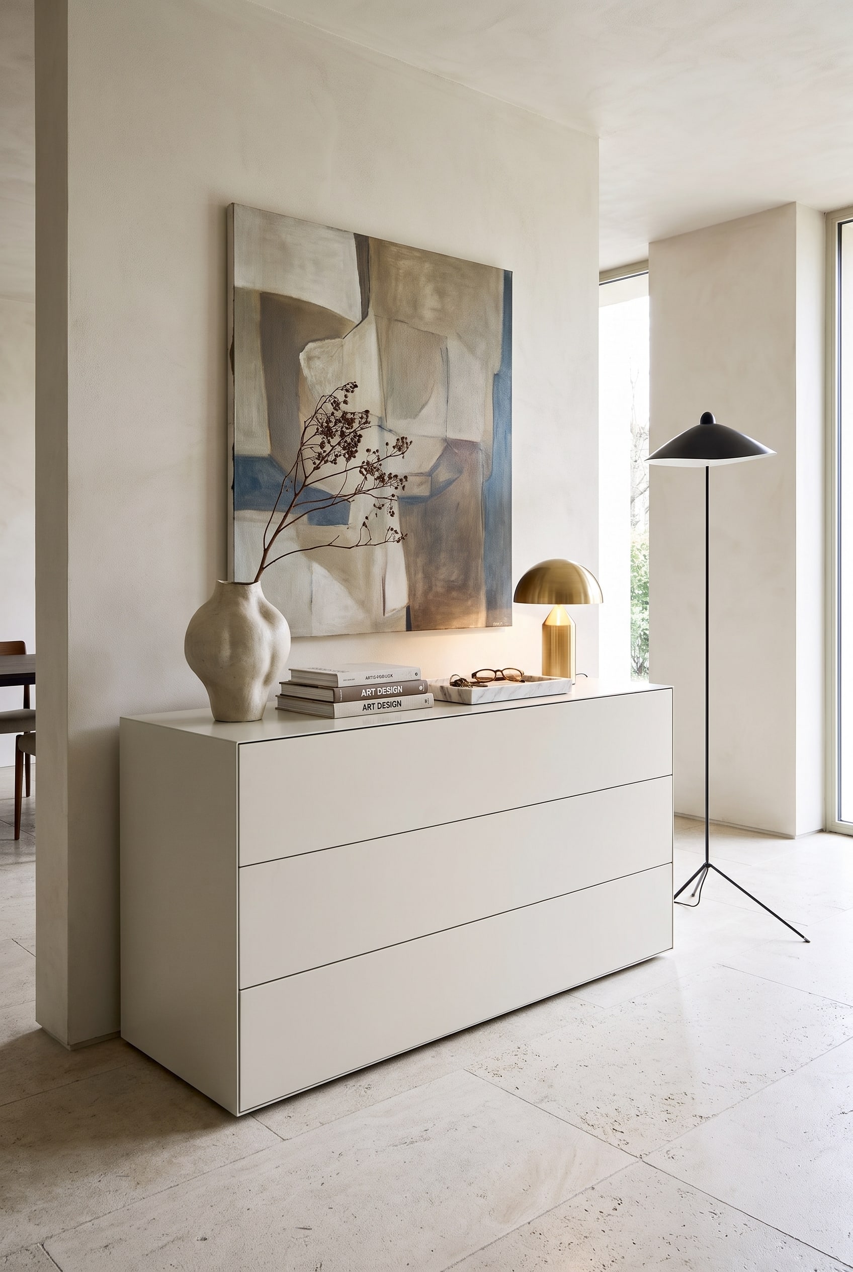A modern chest of drawers whose surface is seamlessly connected with the wall panels above through targeted decoration and a table lamp.