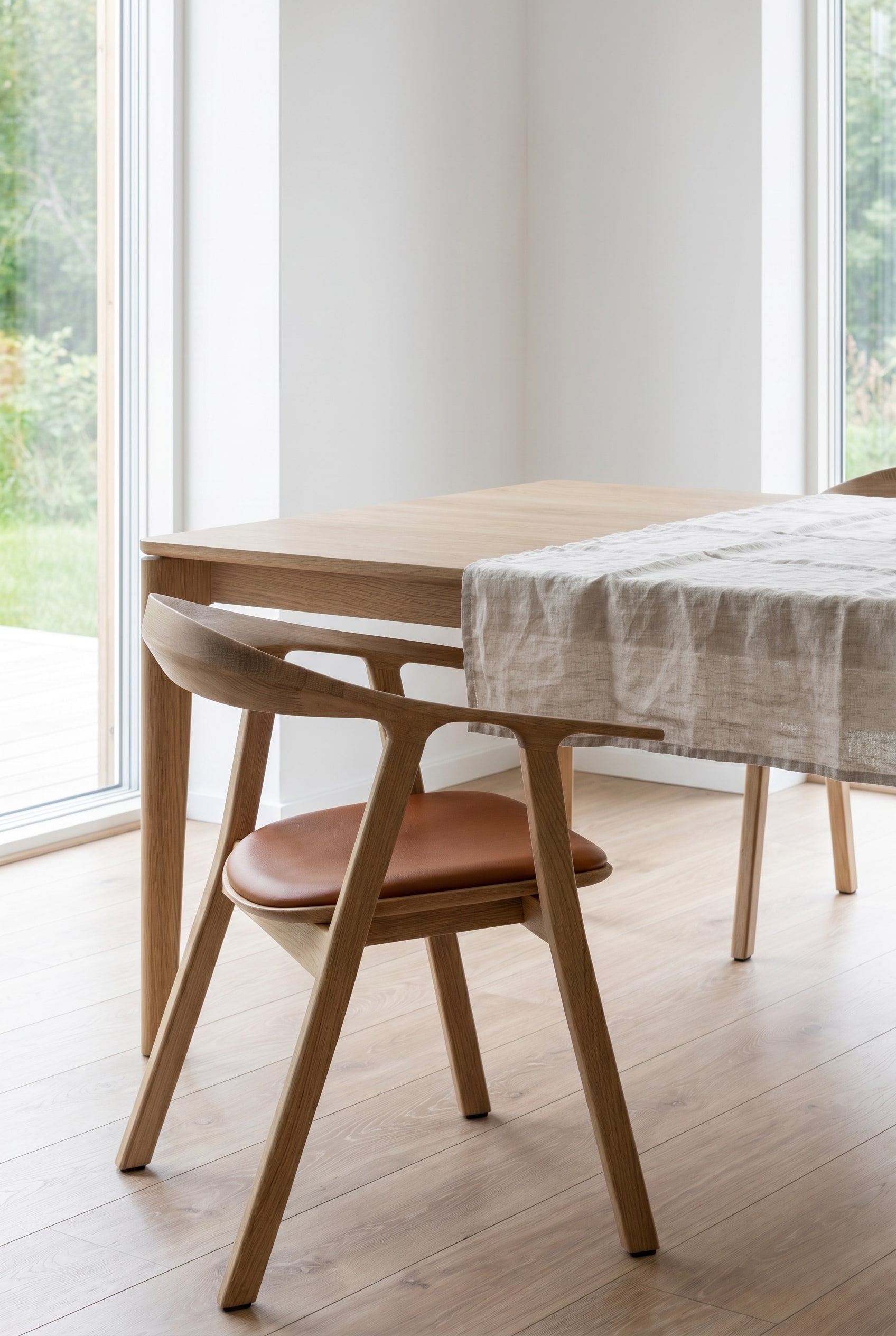 Sala da pranzo scandinava con sedia in legno massello di rovere e imbottitura in pelle color cognac al tavolo in legno