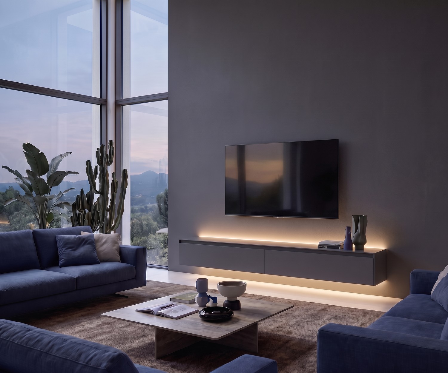 Novamobili Reverse TV lowboard in charcoal grey in a modern living room with wall-mounted TV, rug and coffee table.