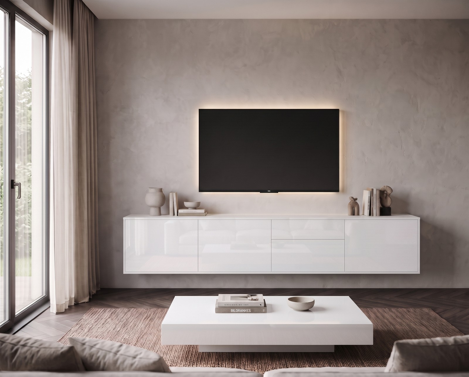 Livitalia Spaziora TV sideboard in high-gloss white, W 240 cm, wall-mounted in a living room