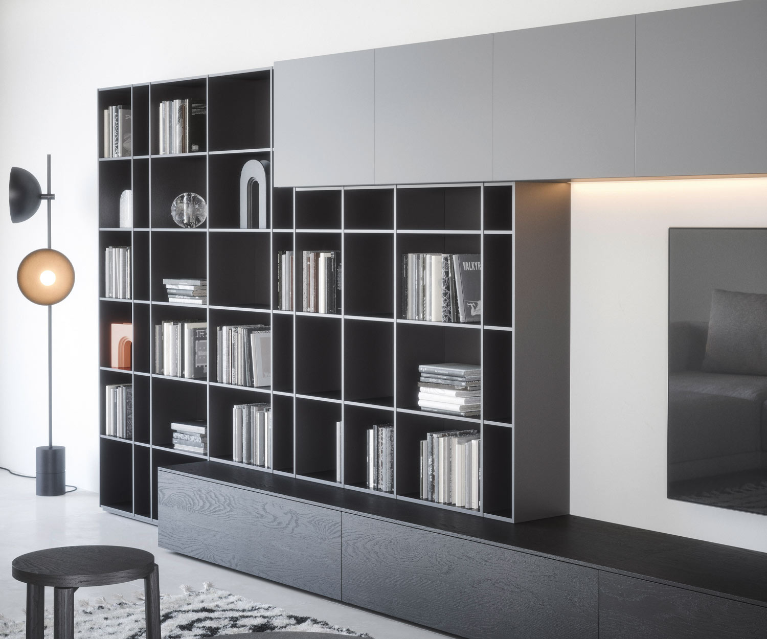Edle Designer Wohnwand Novamobili LV027 grauer Hängeschrank großes Bücherregal