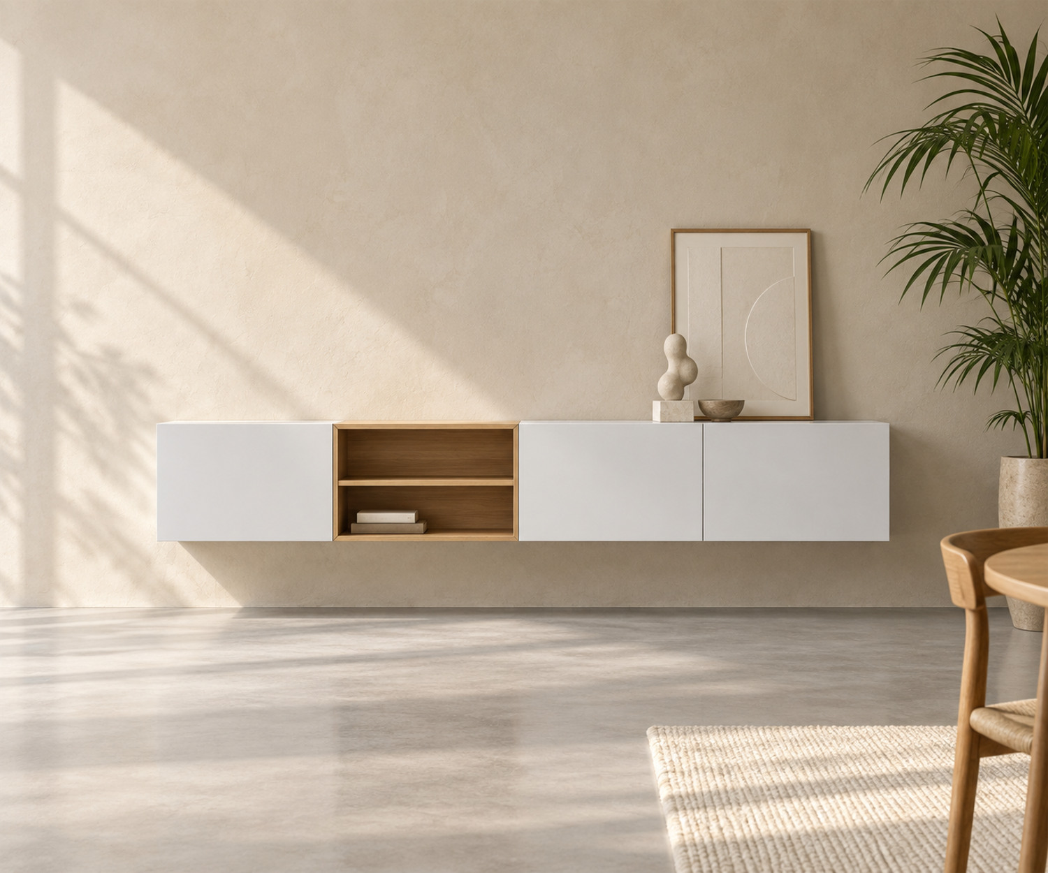Livitalia Box 18 Wand Sideboard 240 cm – Matt Weiß + Eiche Hell