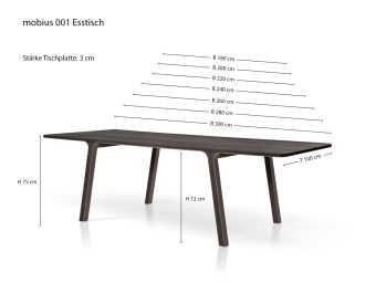Designer dining room table mobius 001 from al2 Sketch Dimensions Sizes Size specifications