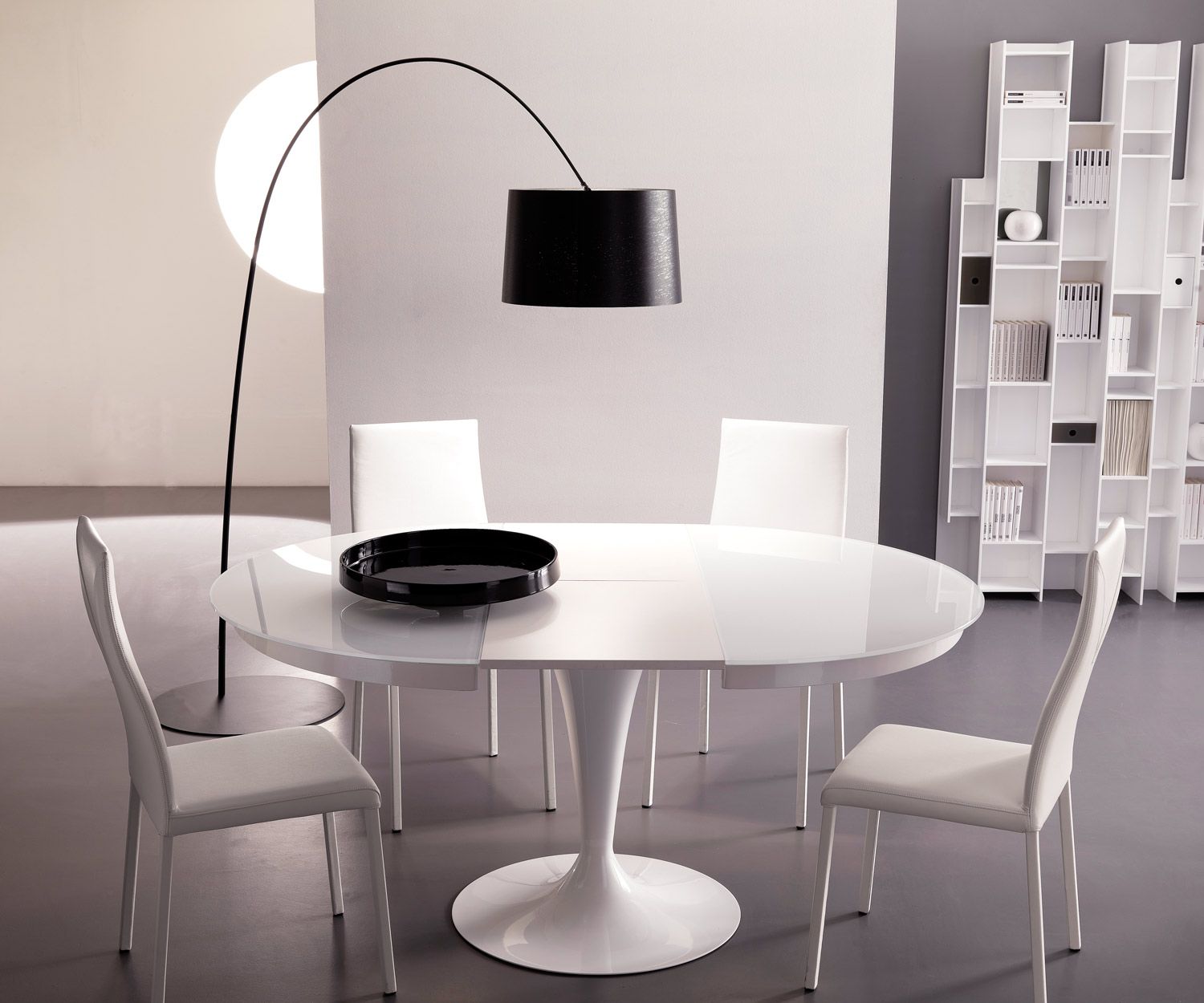 Modern Ozzio Round table Eclipse white glass extended
