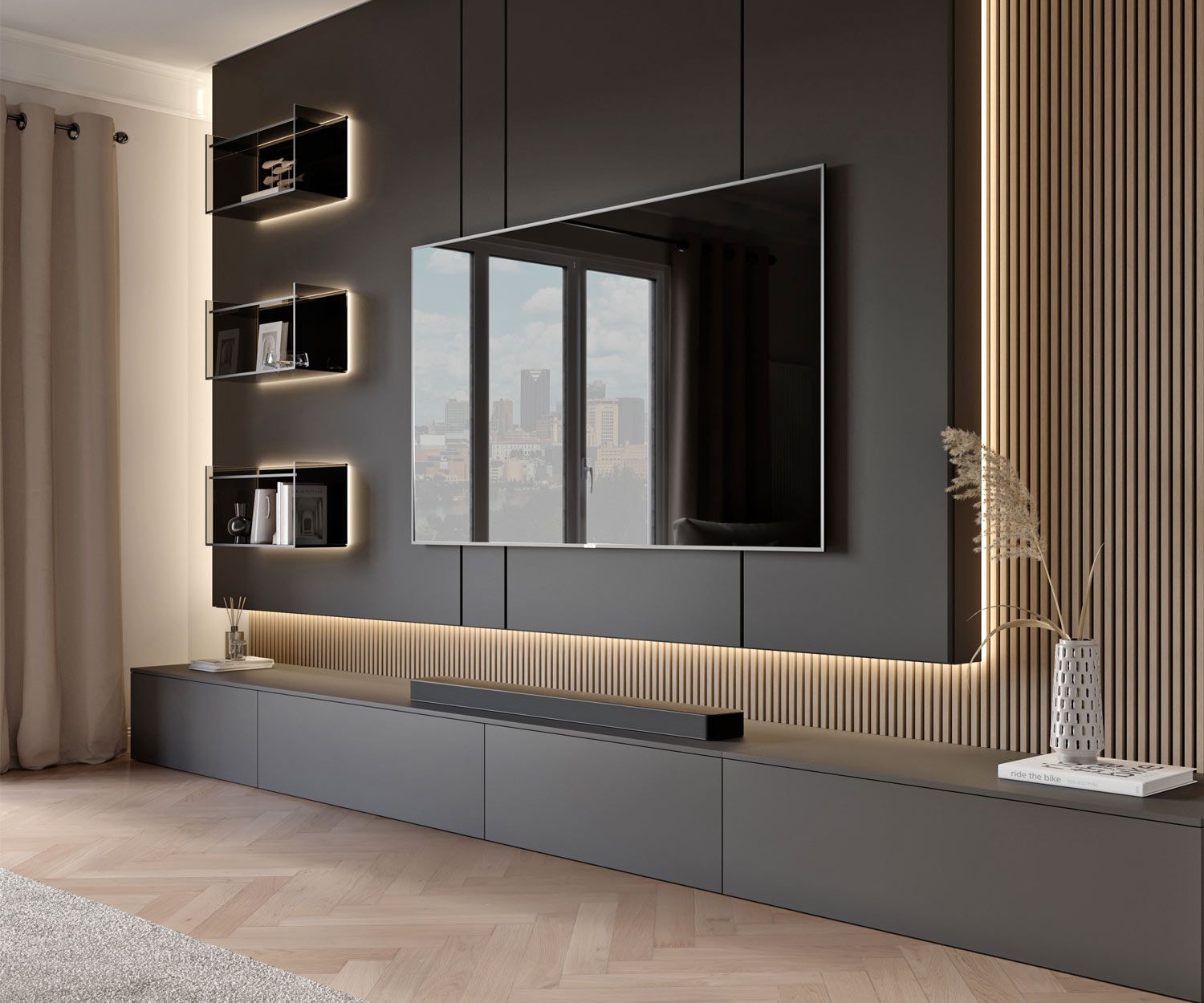 Design TV design lowboard floor-standing matt dark grey lacquered